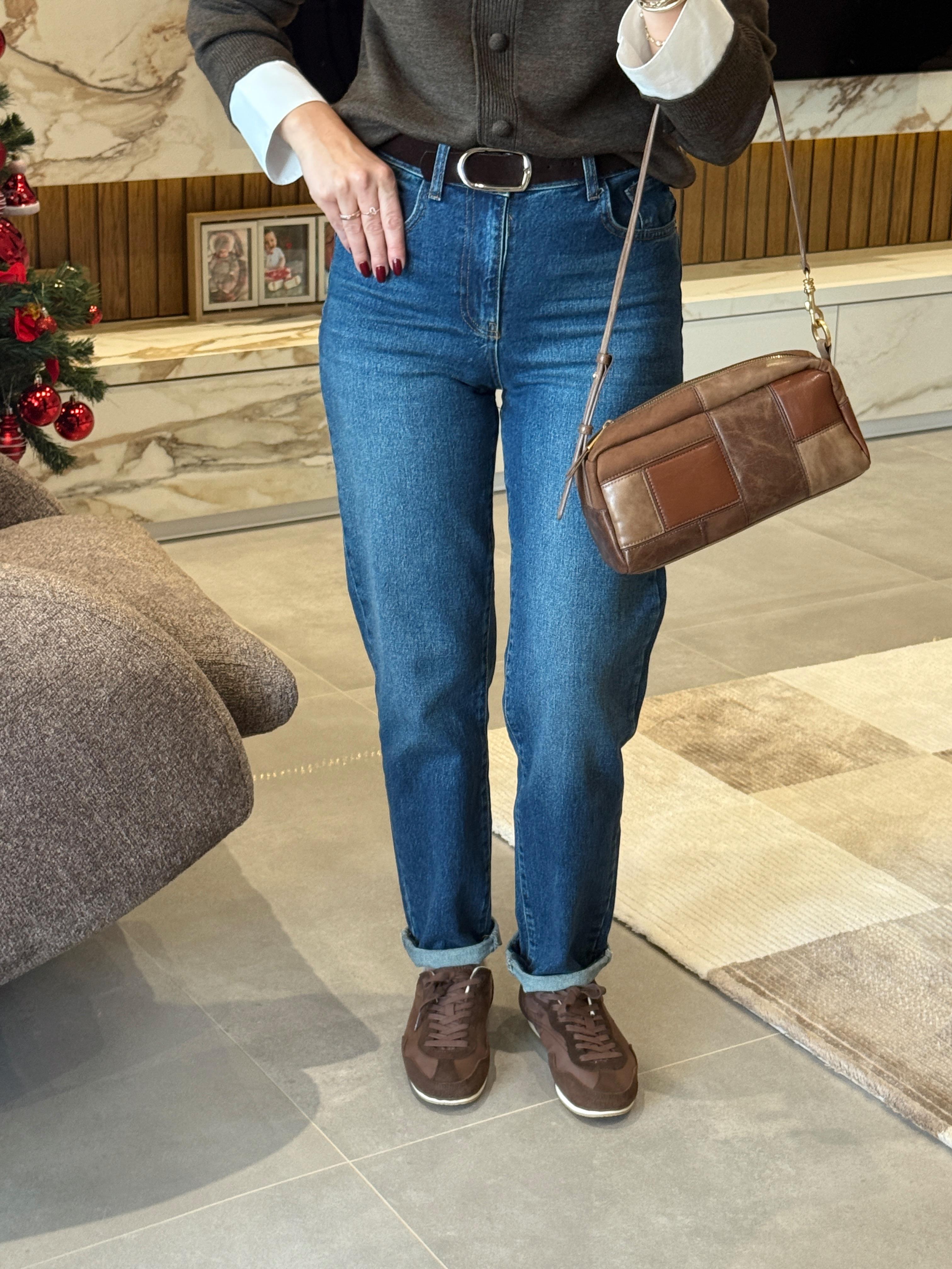 Yüksek Bel Kemerli Mom Fit Jean LACİVERT