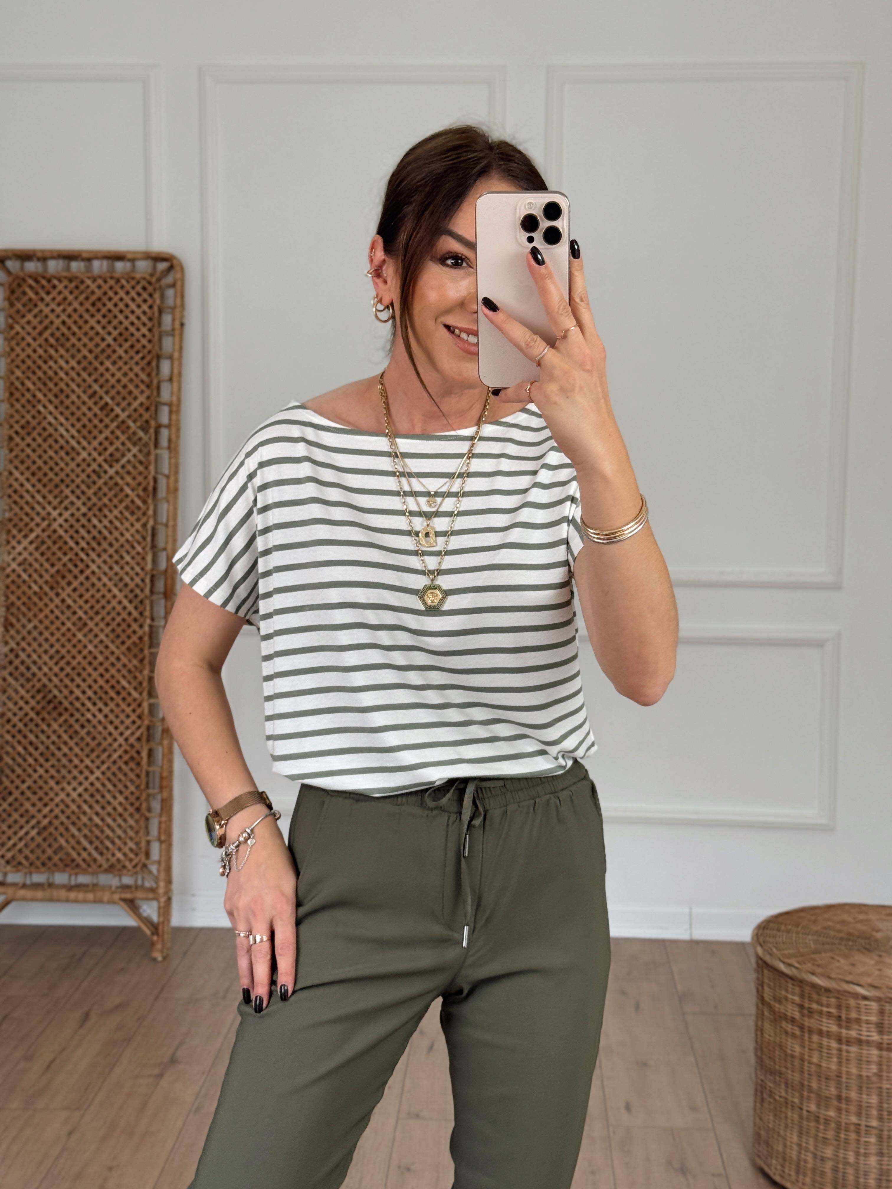 Yuvarlak Yaka Çizgili Tshirt SU YEŞİLİ