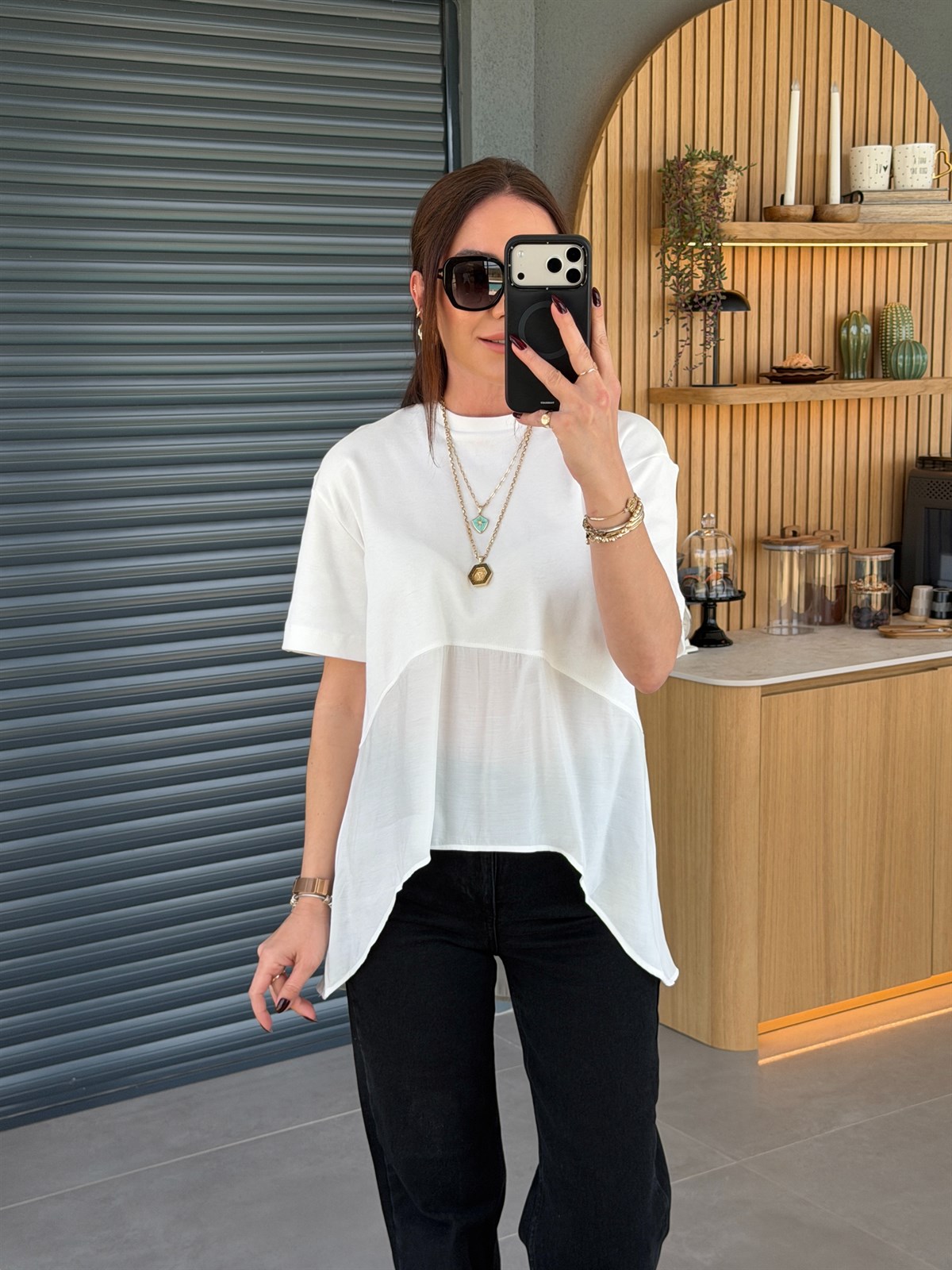 Asimetrik Garnili Tshirt BEYAZ