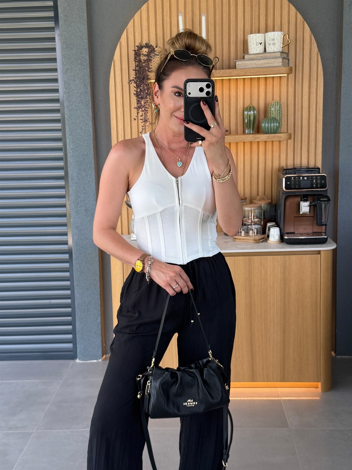 Fermuarlı Halter Yaka Korse Bluz EKRU