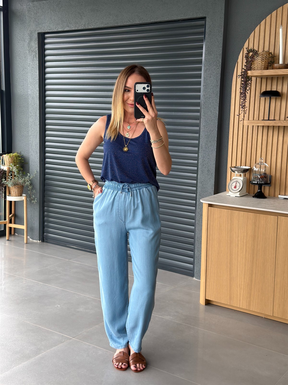 İnce Palazzo Beli Lastikli Denim Pantolon MAVİ