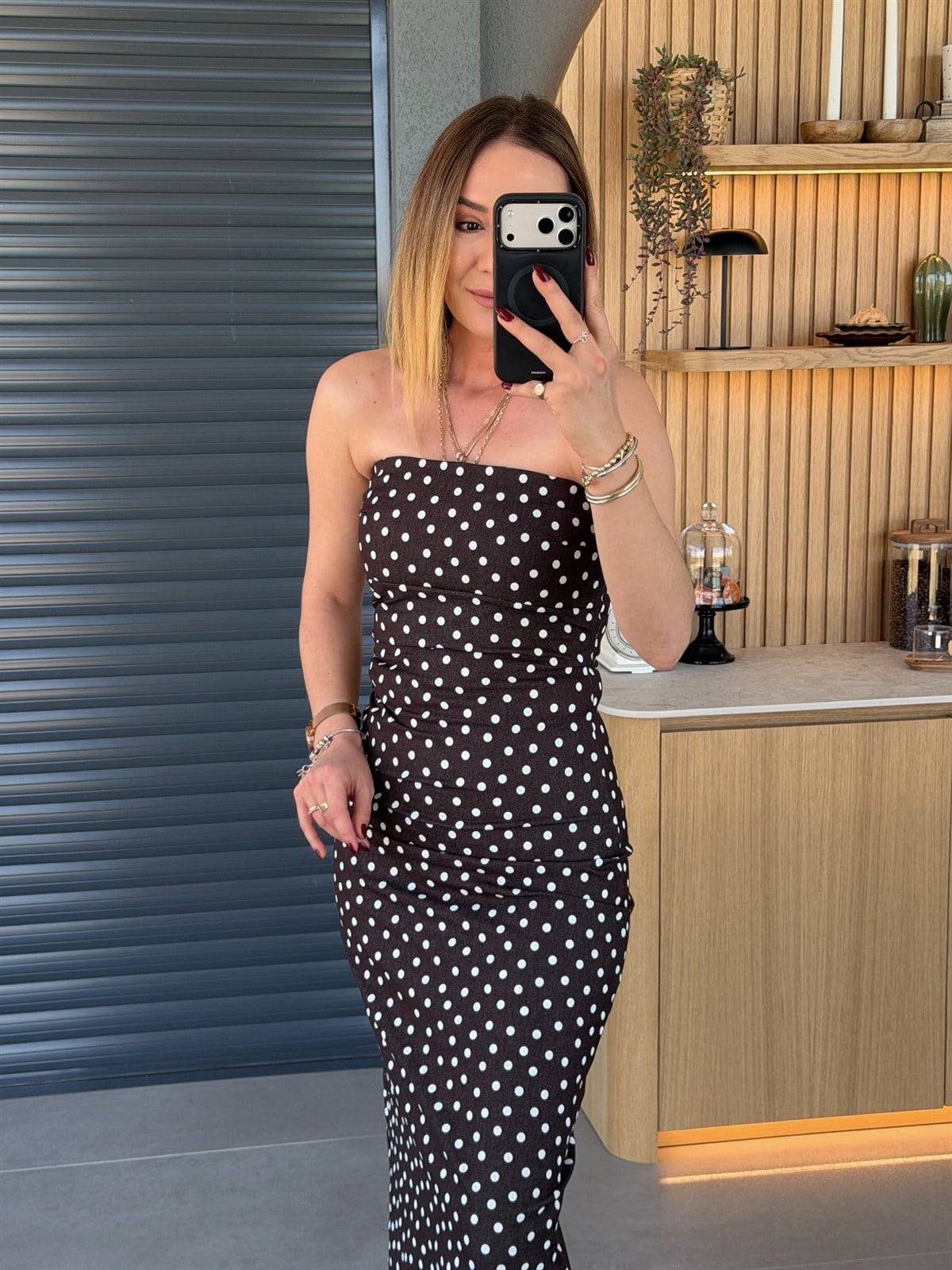 Puantiyeli Straplez Elbise KOYU KAHVE