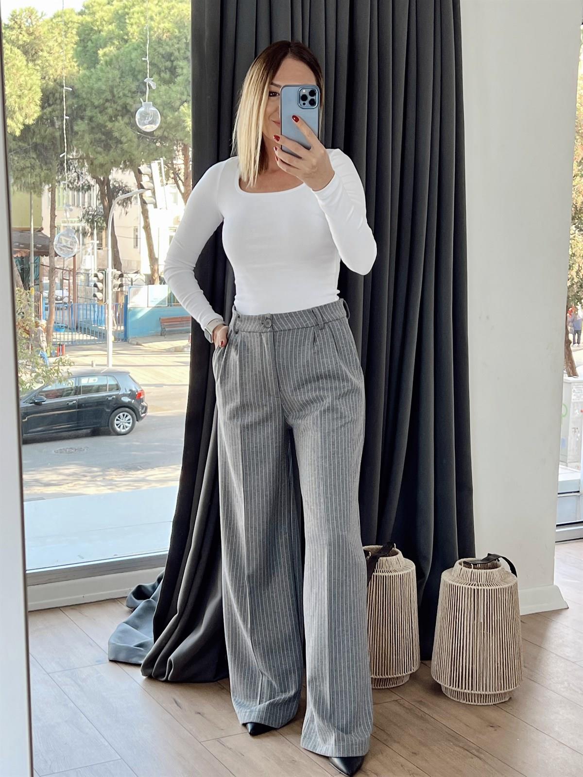 02313724 ÇİZGİLİ ÖRME PANTOLON GRİ