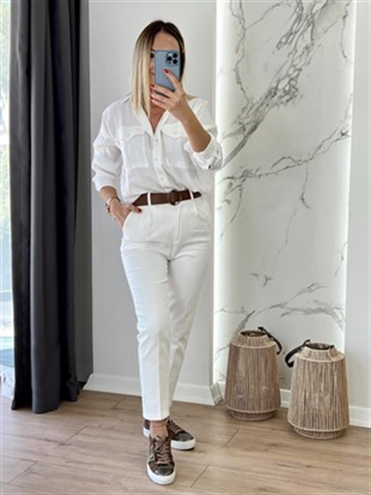 21K70755 BELİ KEMERLİ PANTOLON BEYAZ