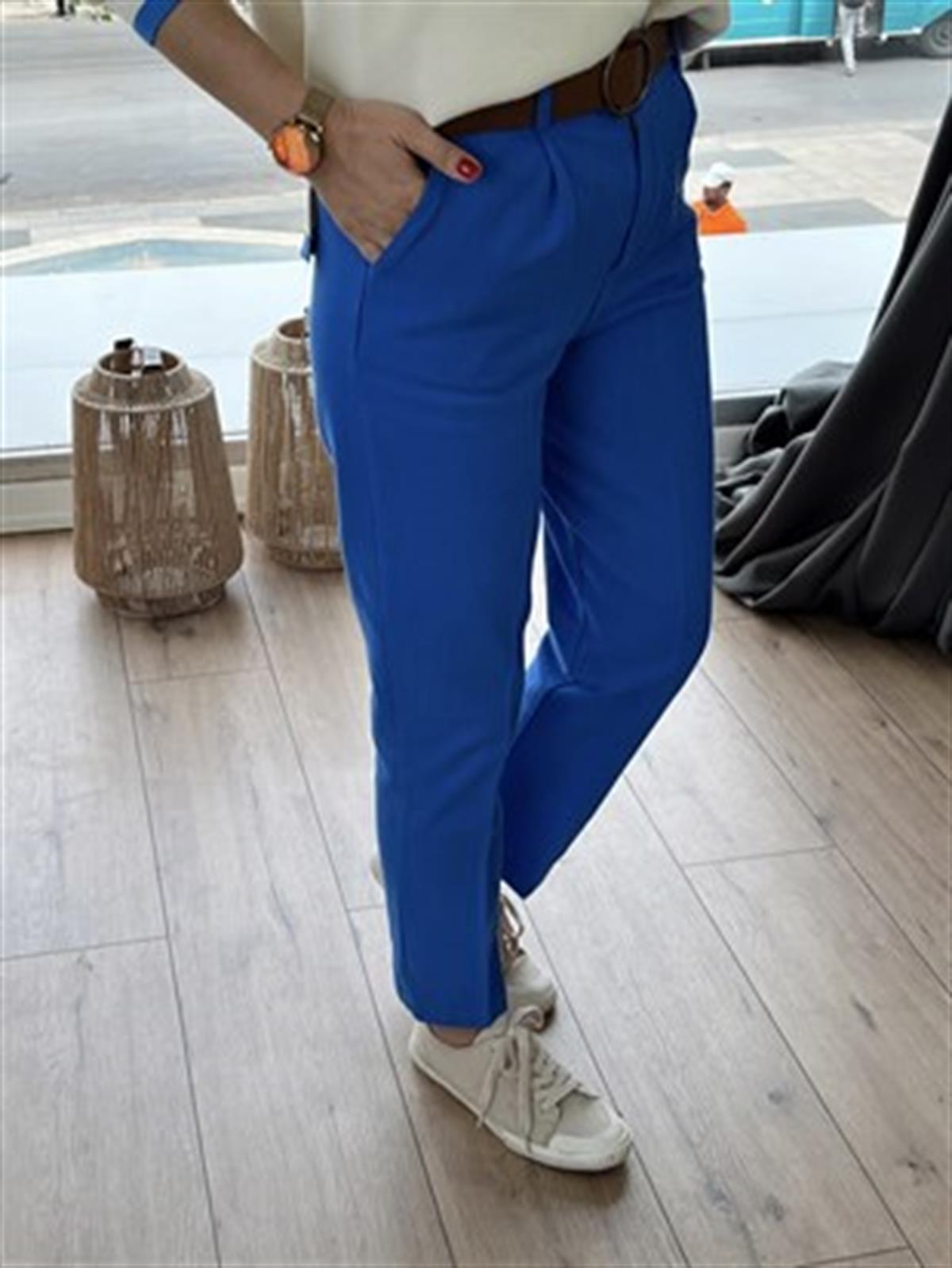 21K70755 BELİ KEMERLİ PANTOLON SAKS