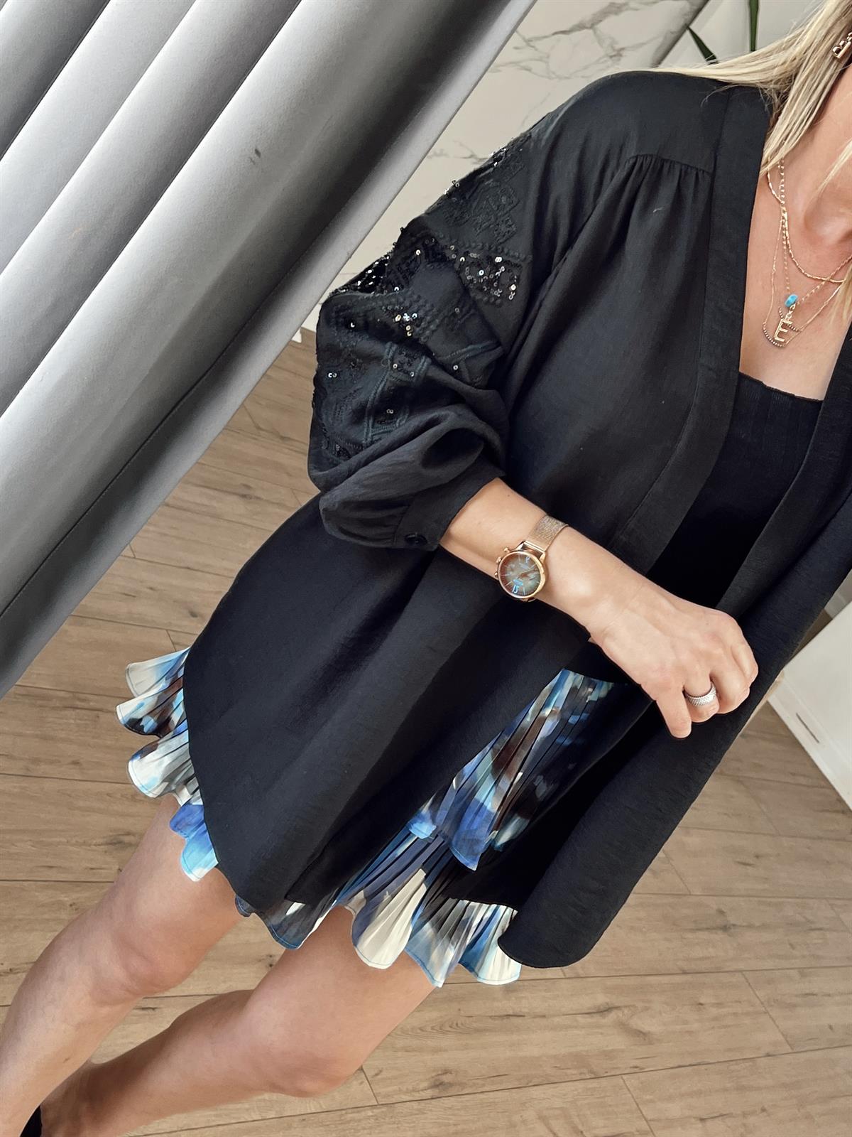 Arka Nakışlı Keten Ceket SİYAH