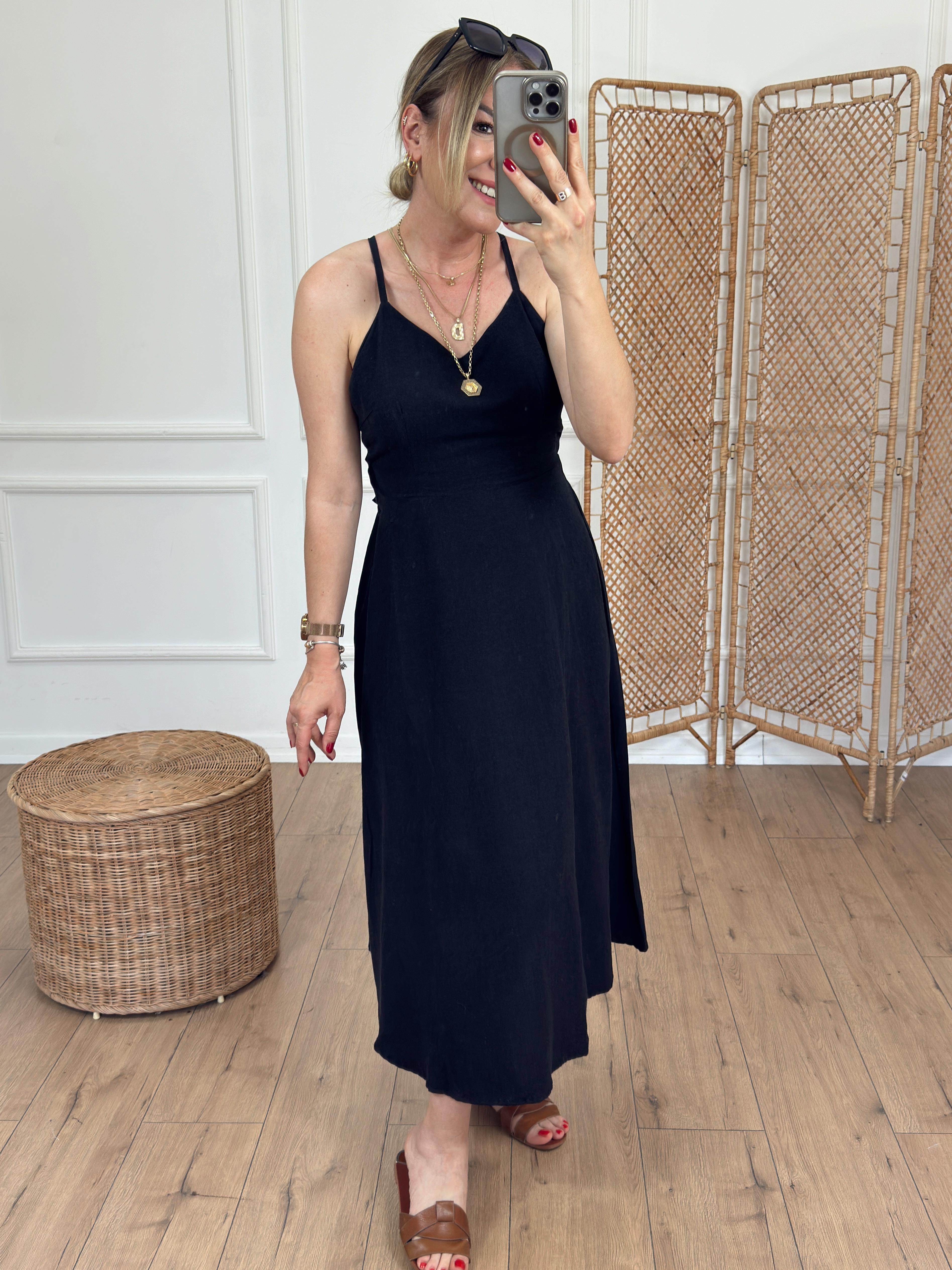 Arkadan Bağlamalı İp Askılı Keten Elbise SİYAH