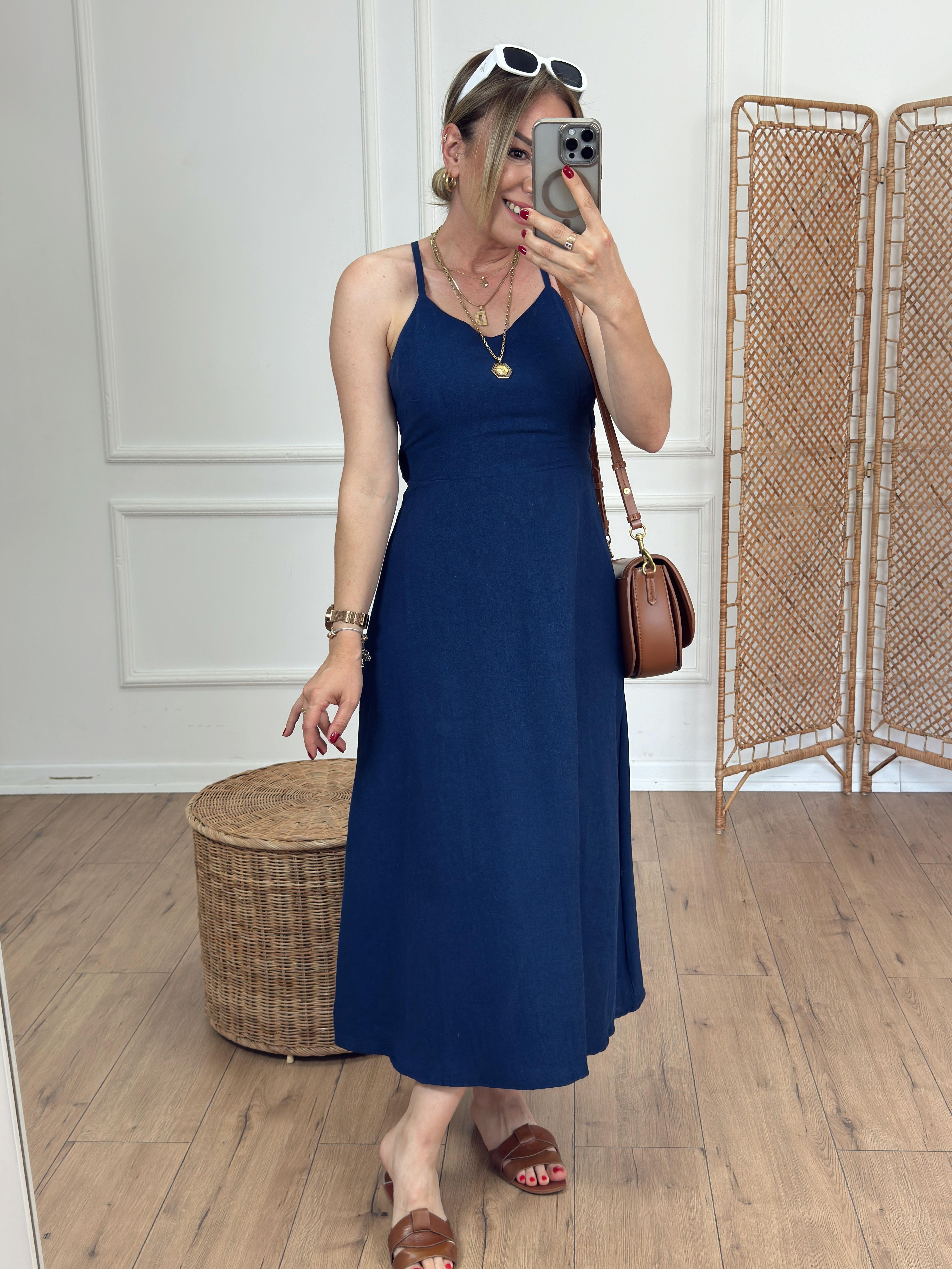 Arkadan Bağlamalı İp Askılı Keten Elbise LACİVERT