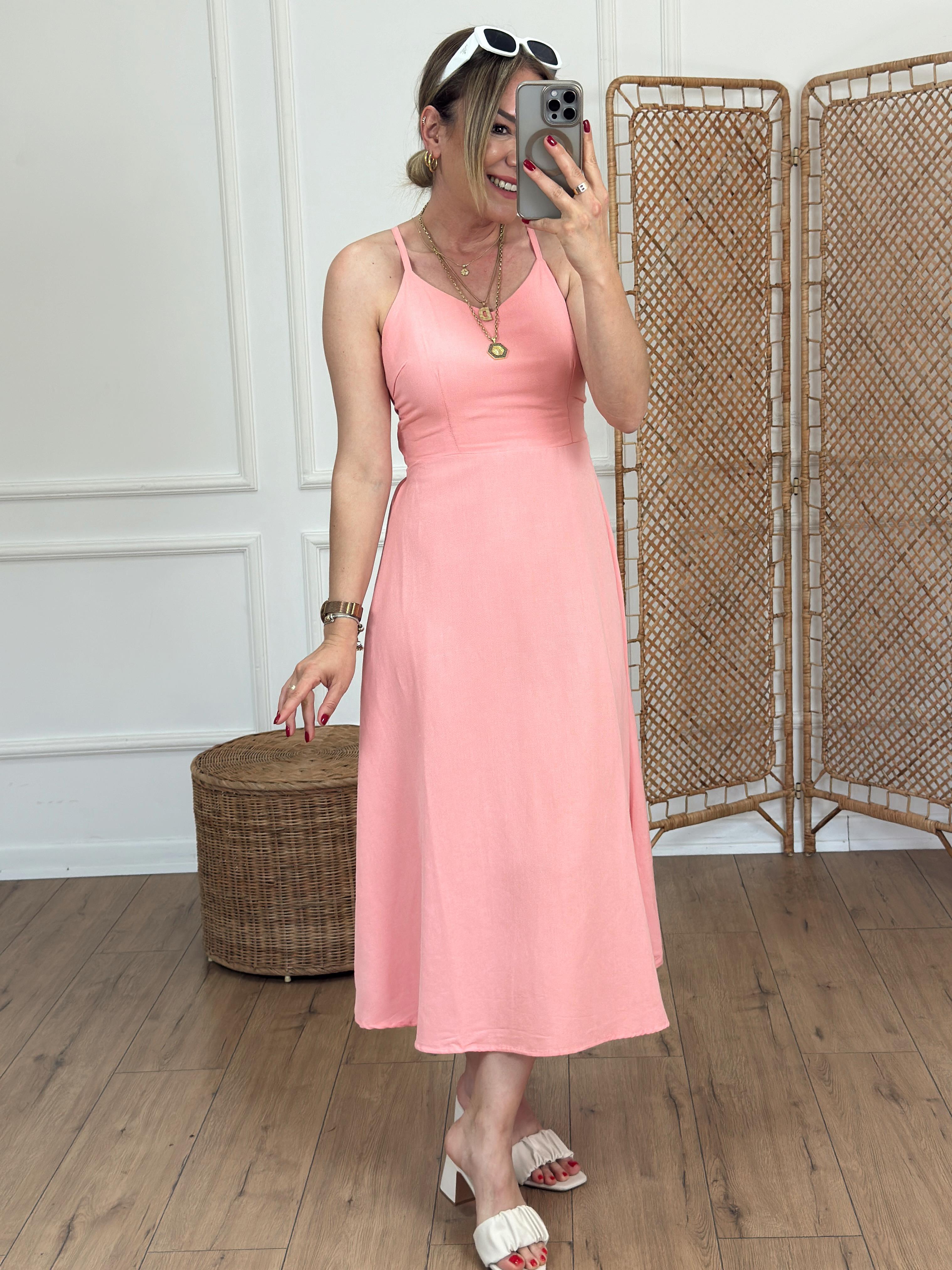 Arkadan Bağlamalı İp Askılı Keten Elbise SOMON