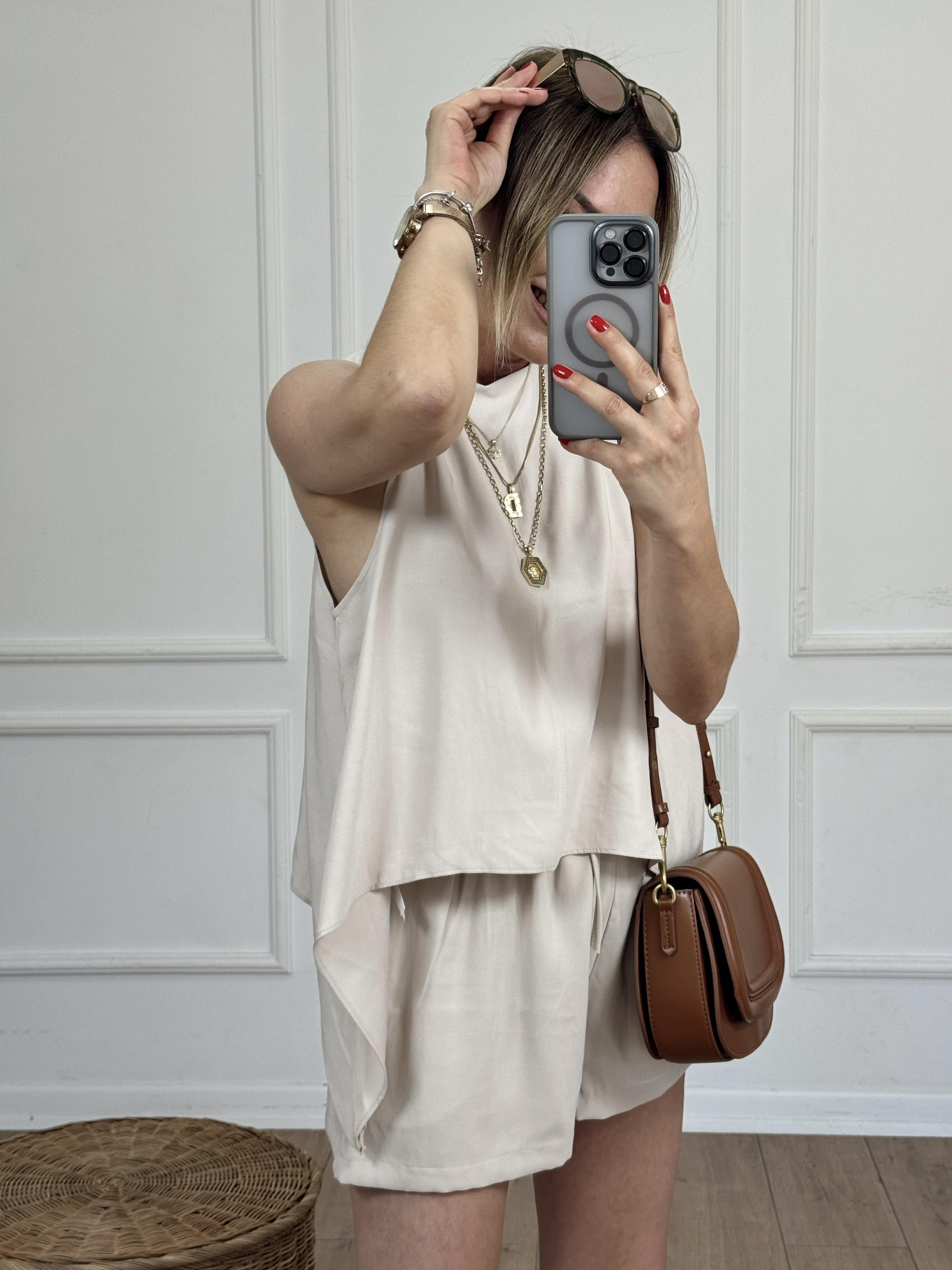 Asimetrik Kesim Bluz Şort Takım BEJ