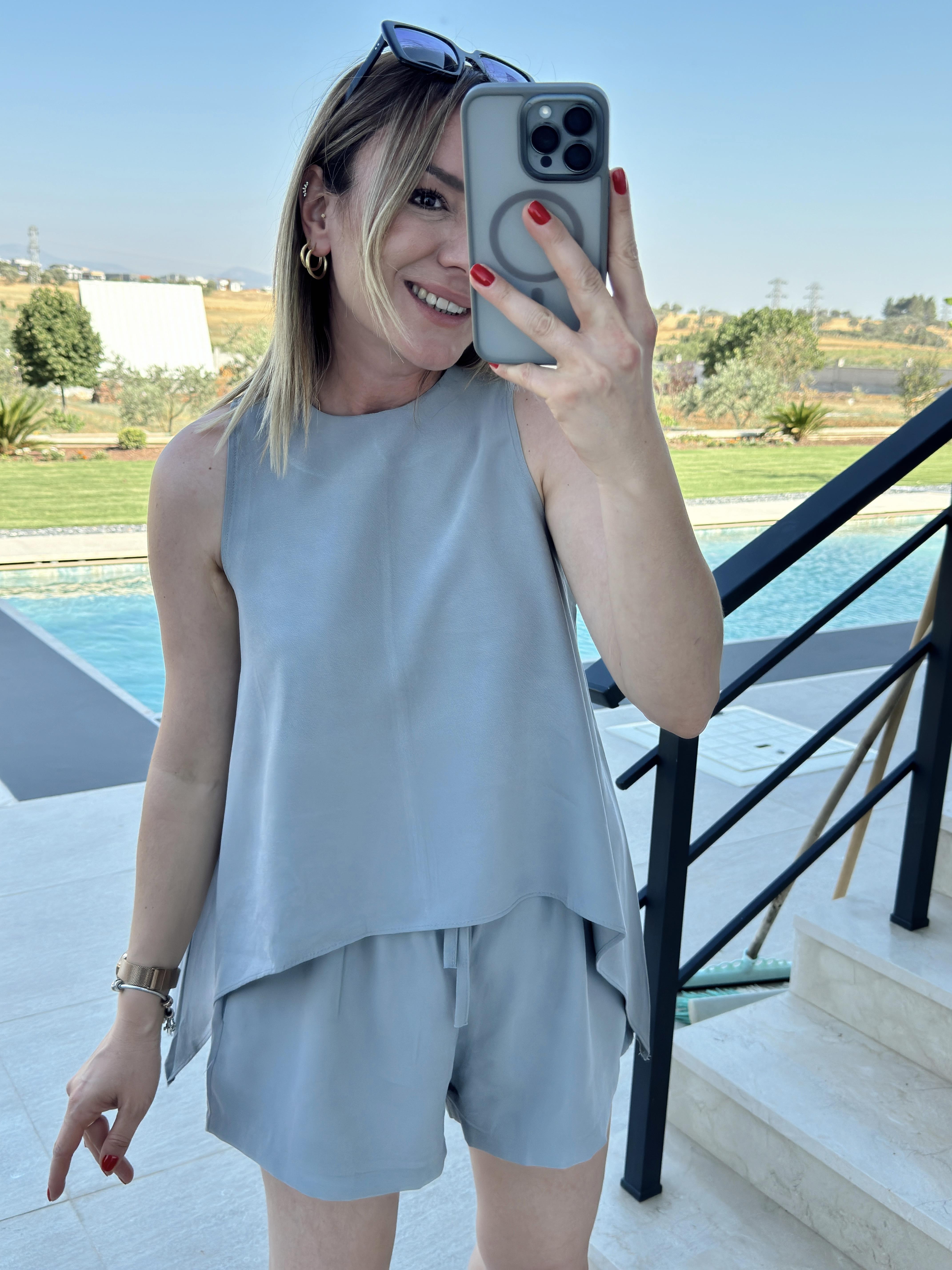 Asimetrik Kesim Bluz Şort Takım GRİ