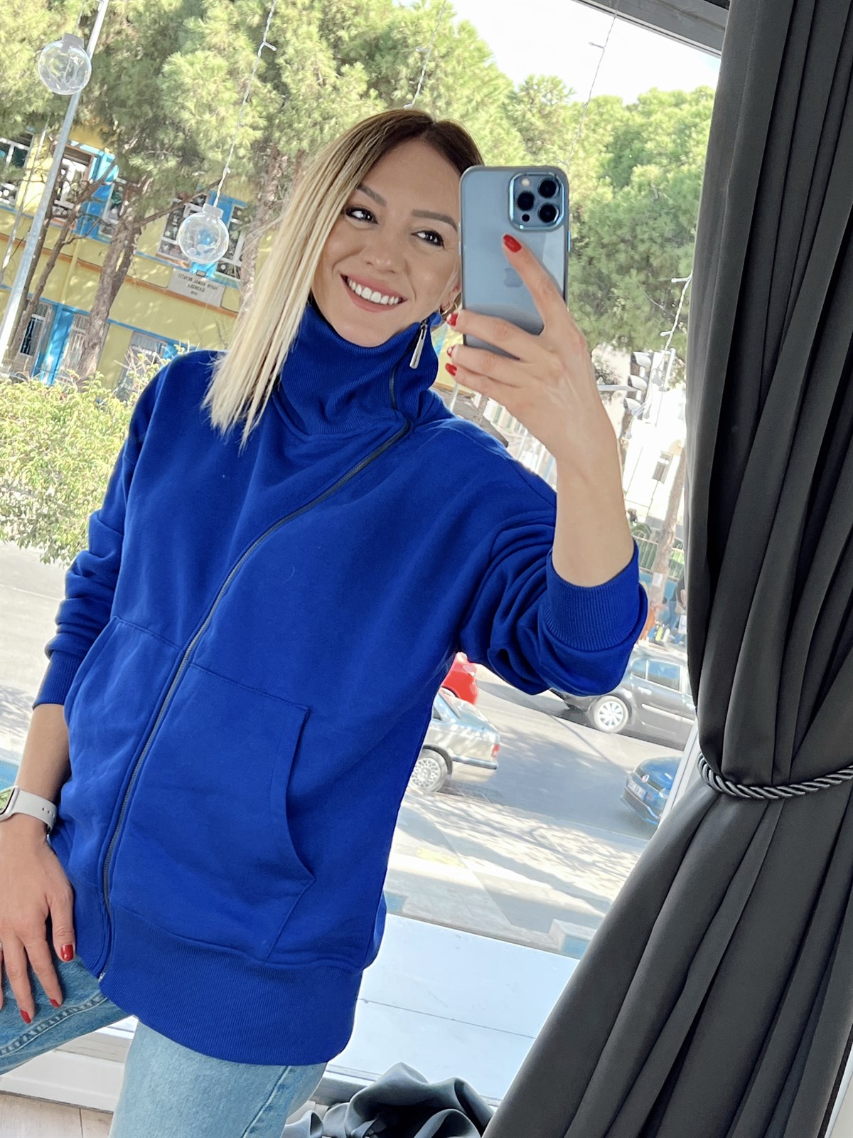 Asimetrik Yaka Detaylı Ceket Saks