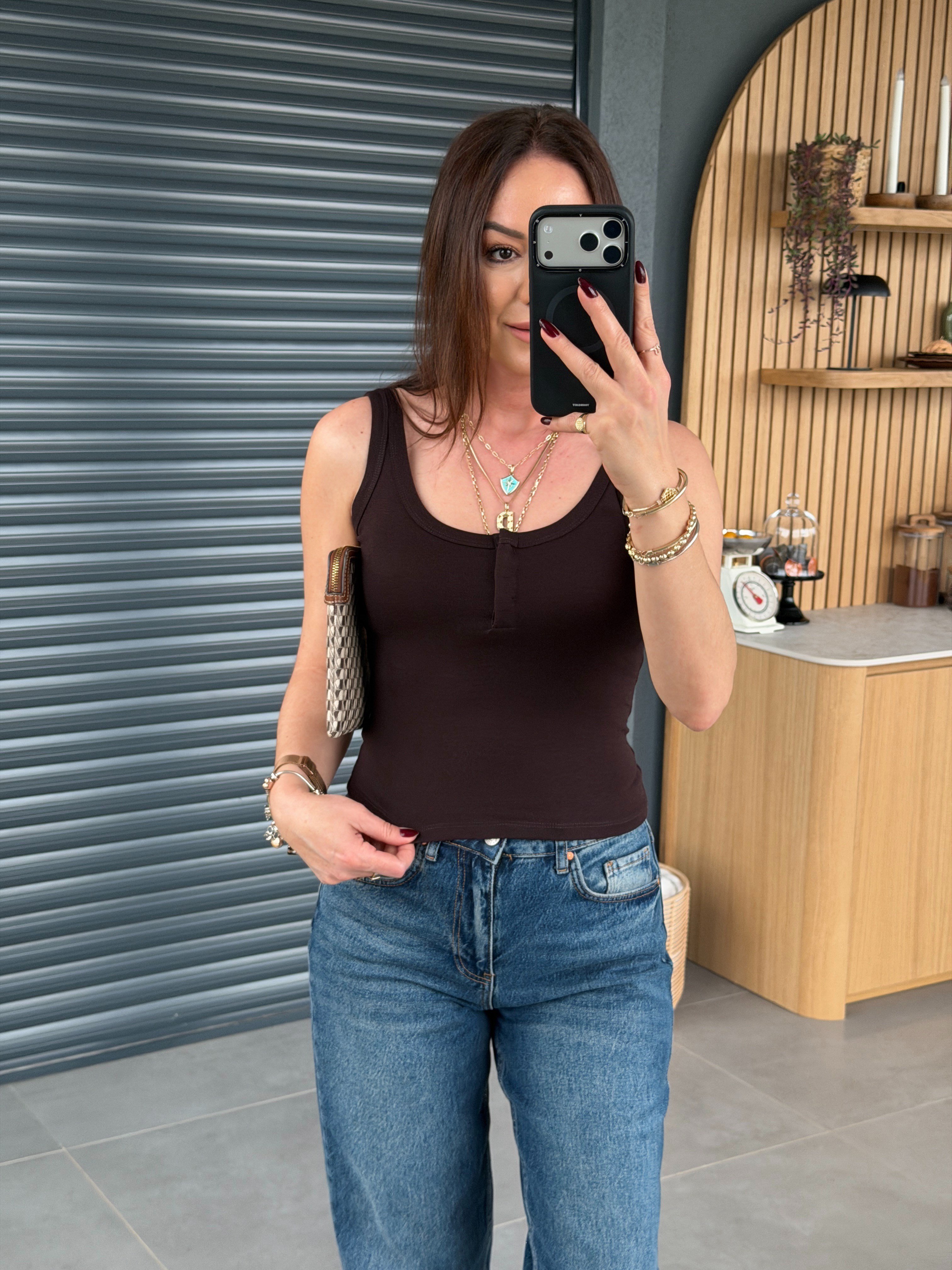 Askılı Çıtçıtlı Crop KOYU KAHVE