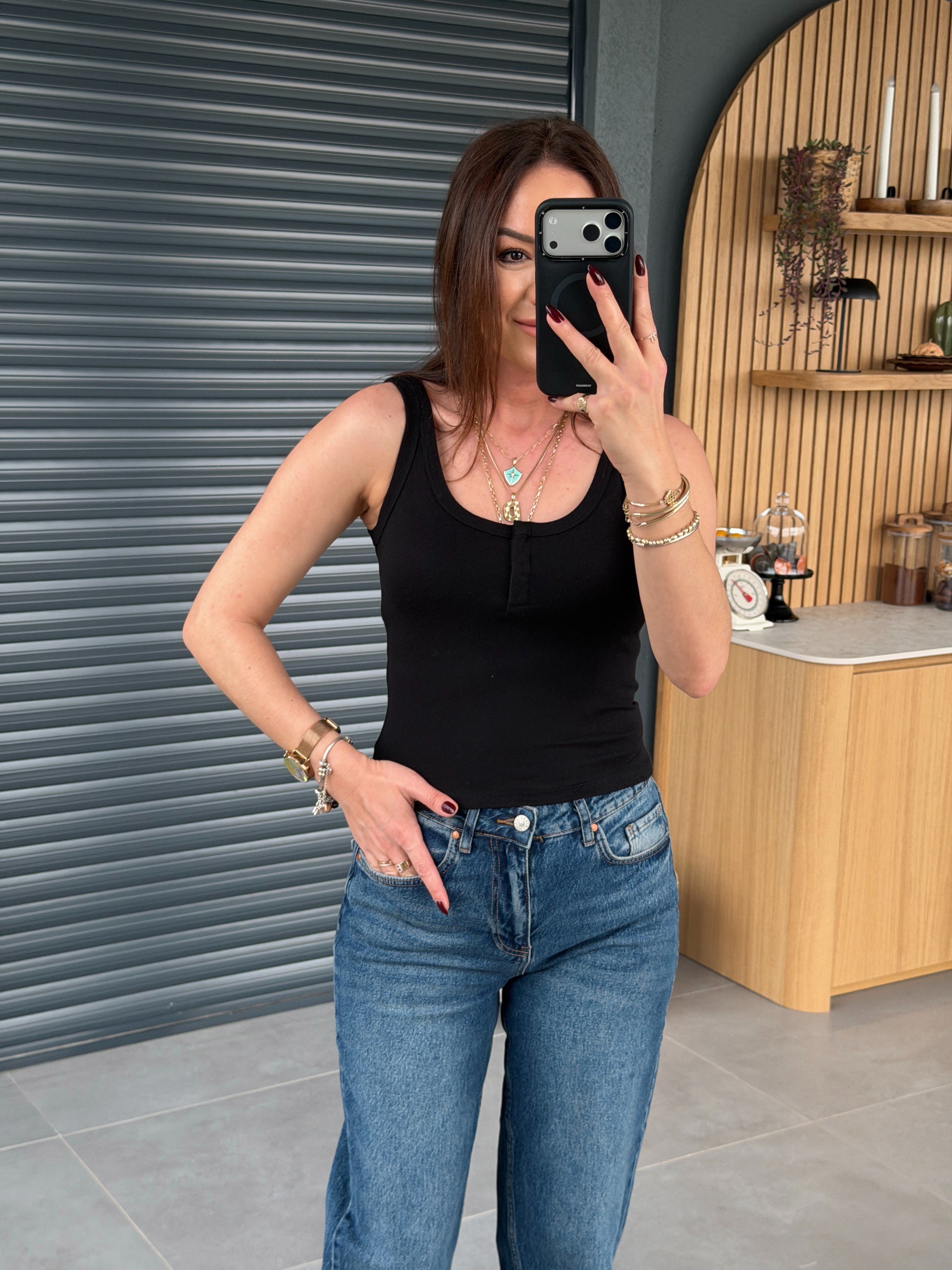 Askılı Çıtçıtlı Crop SİYAH
