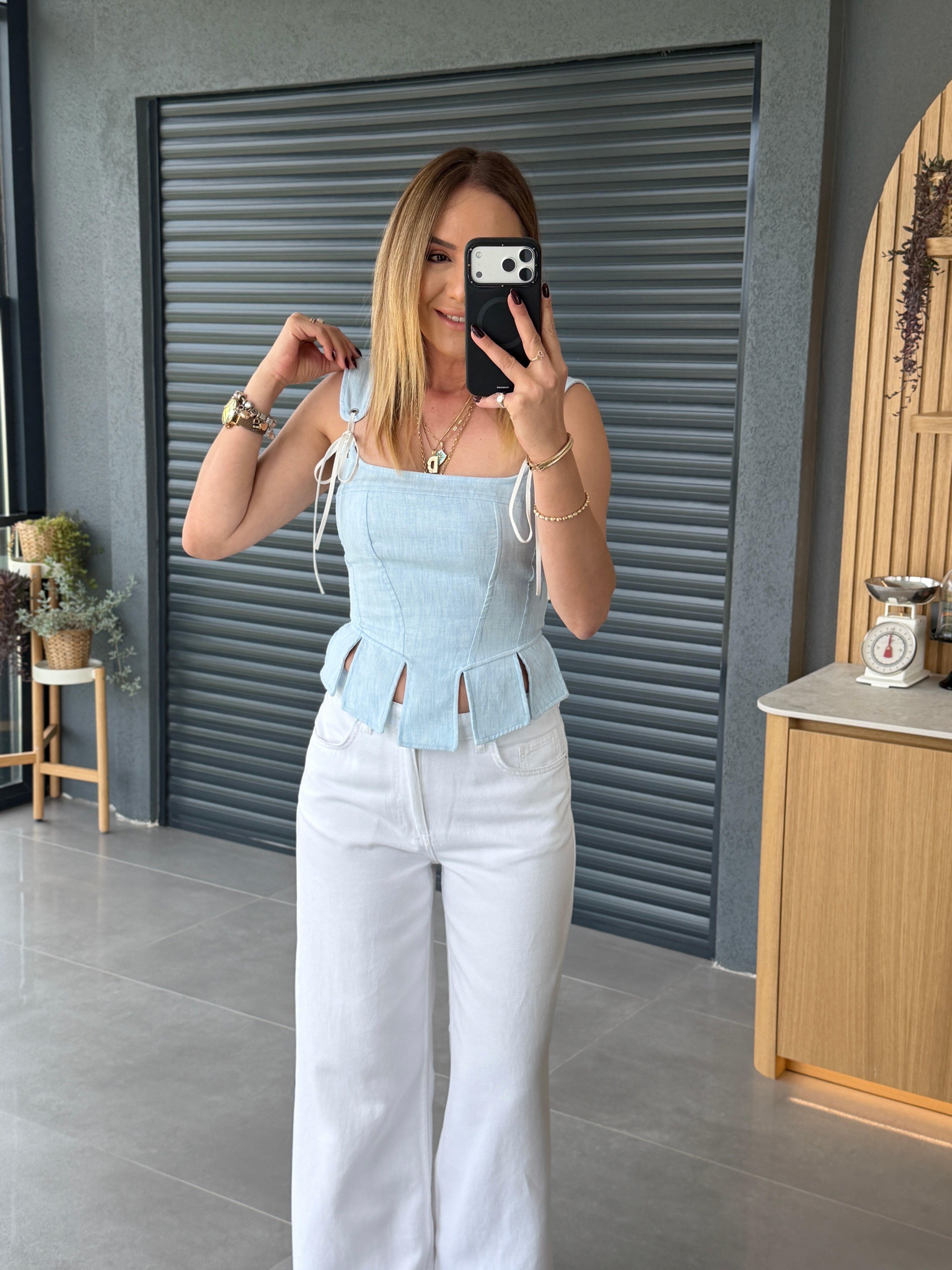 Askılı Korse Tasarım Bluz MAVİ