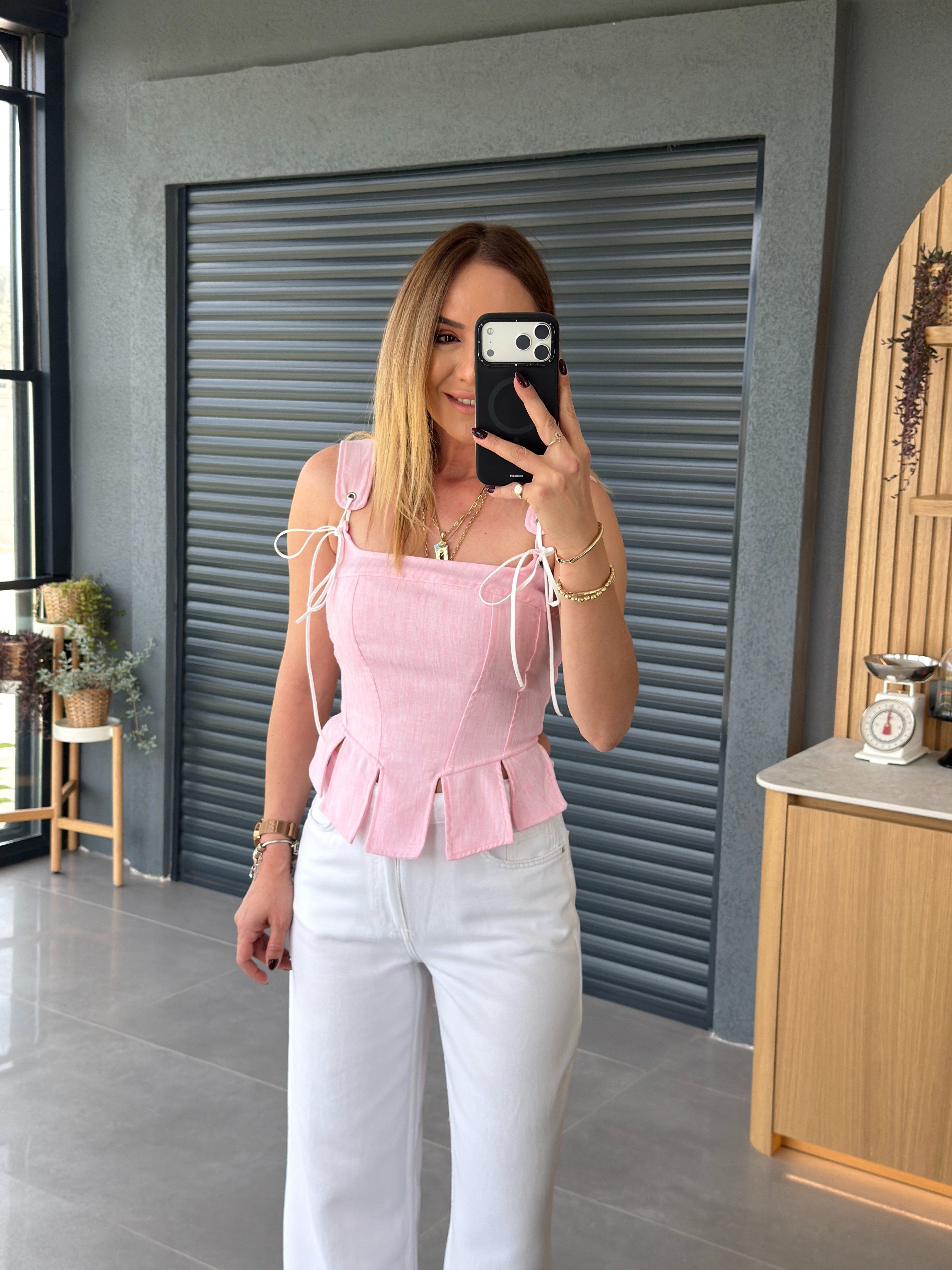 Askılı Korse Tasarım Bluz PEMBE