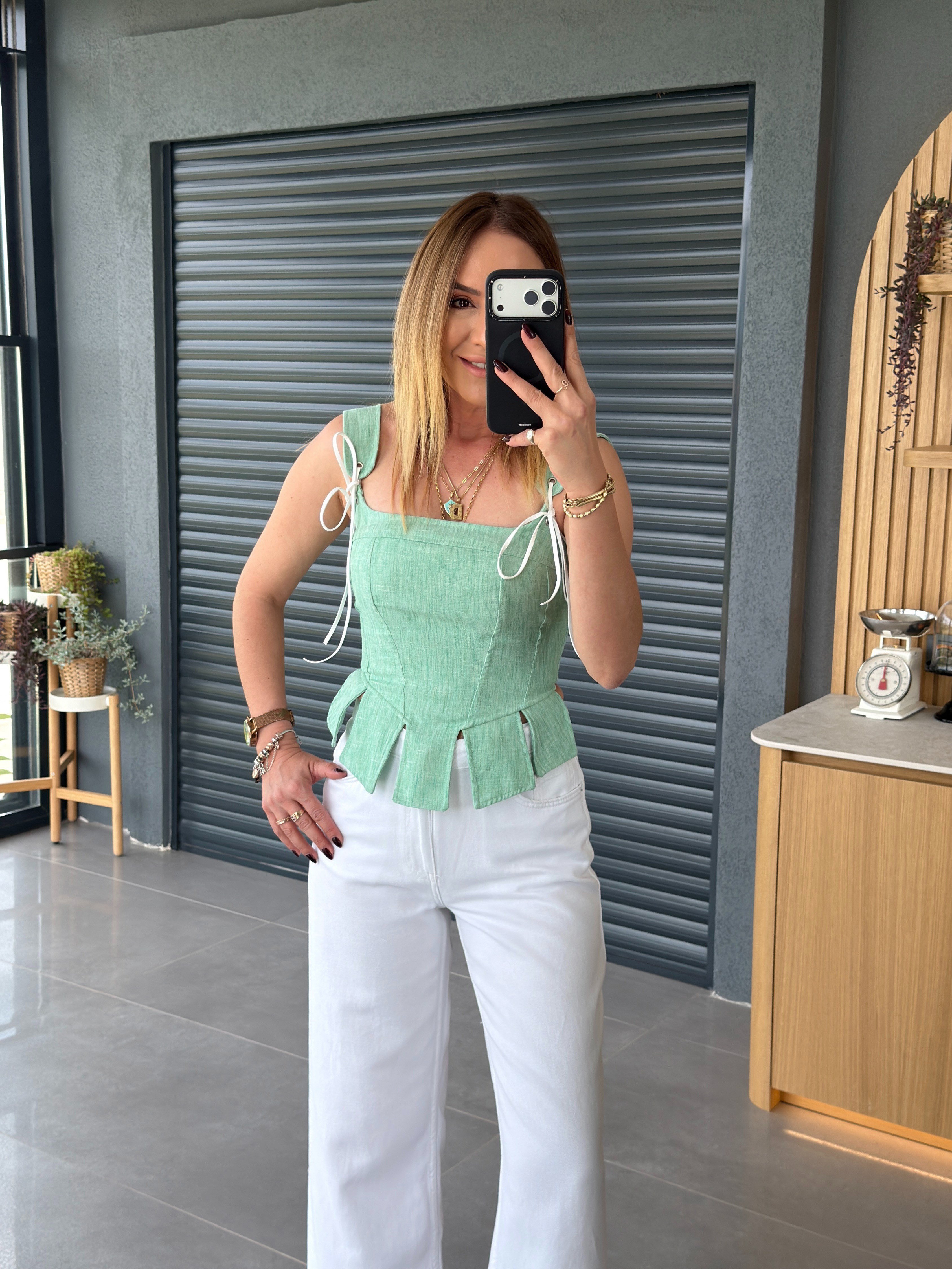 Askılı Korse Tasarım Bluz SU YEŞİLİ