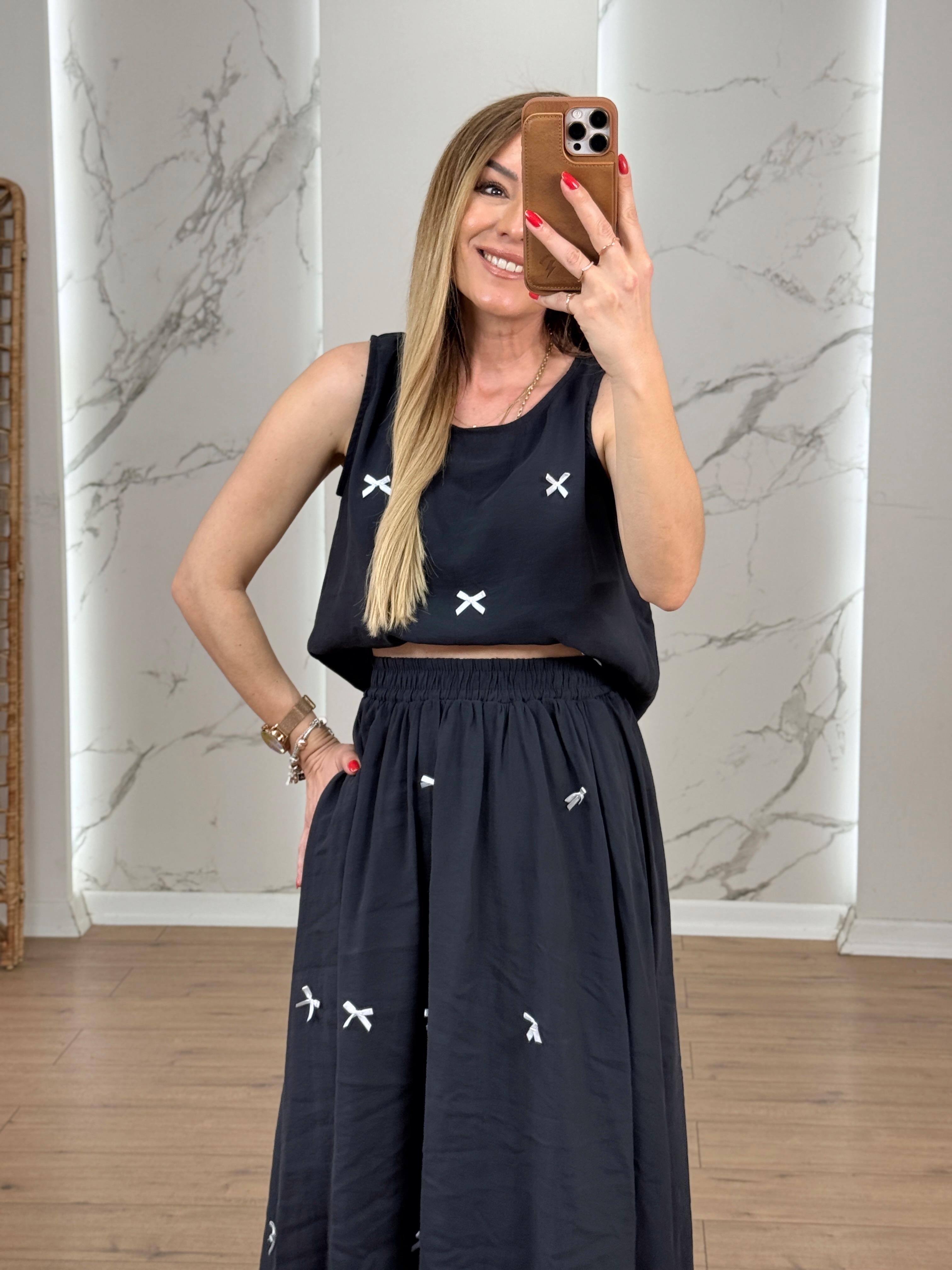 Strappy Skirt Set with Ribbon Detail BLACK