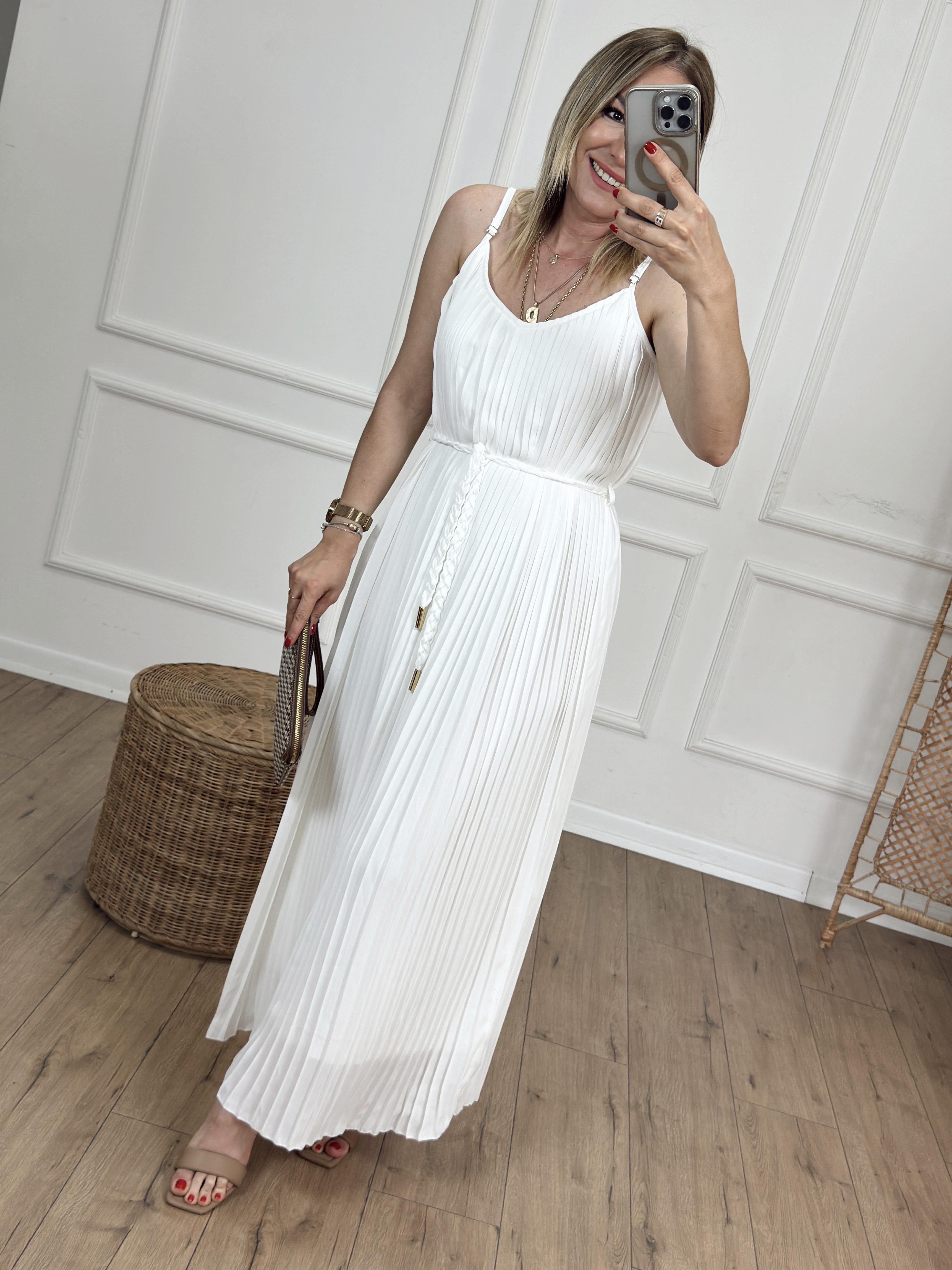 Askılı Piliseli Elbise BEYAZ