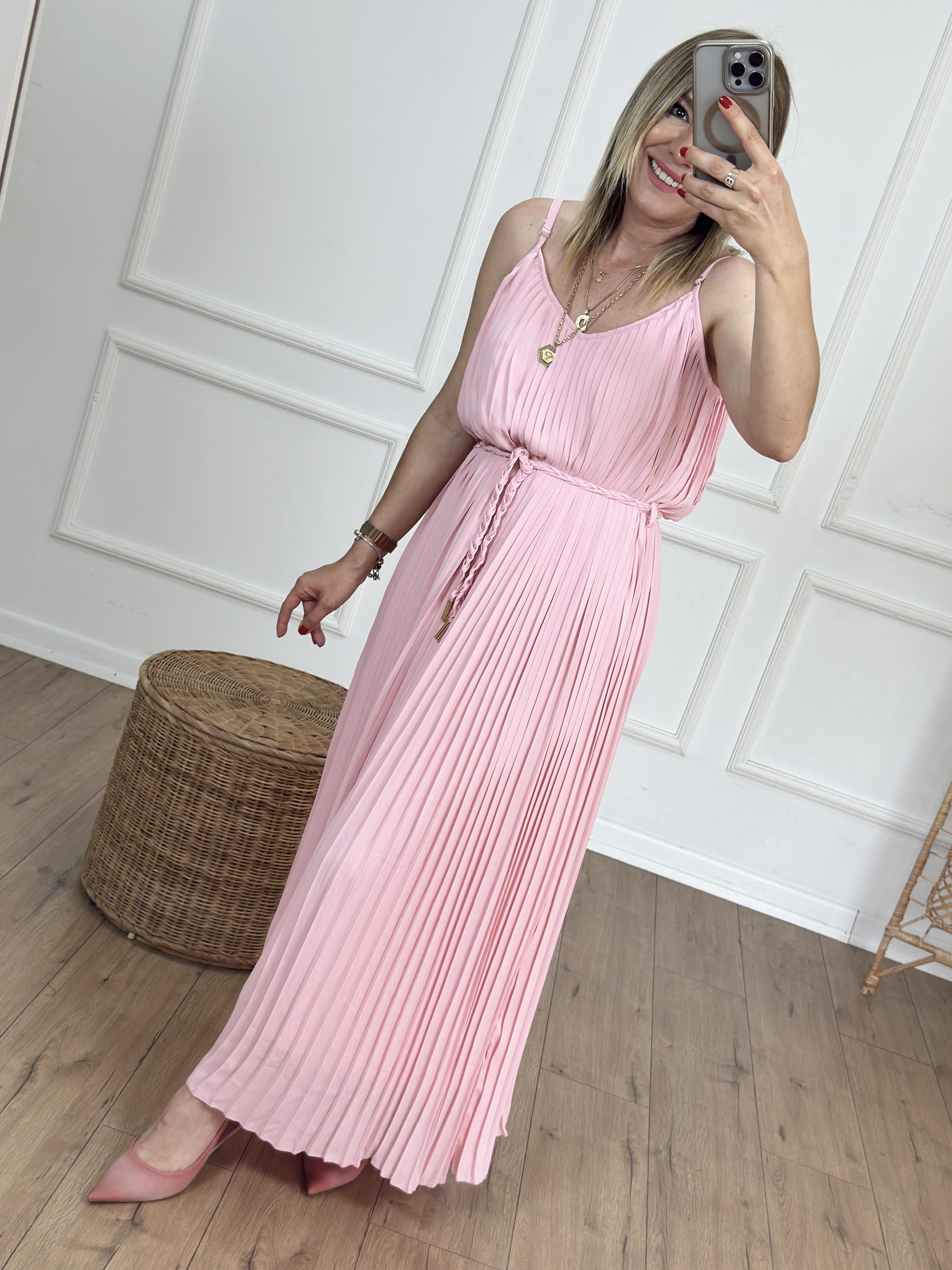 Askılı Piliseli Elbise PEMBE