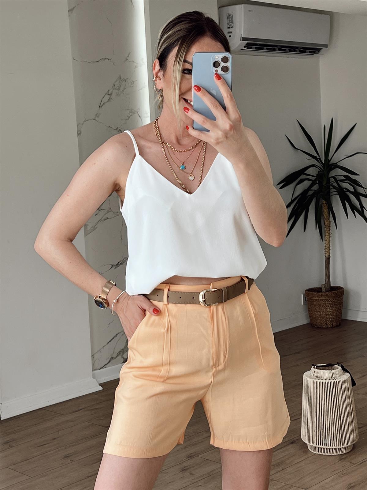 Askılı V Yaka Bluz EKRU