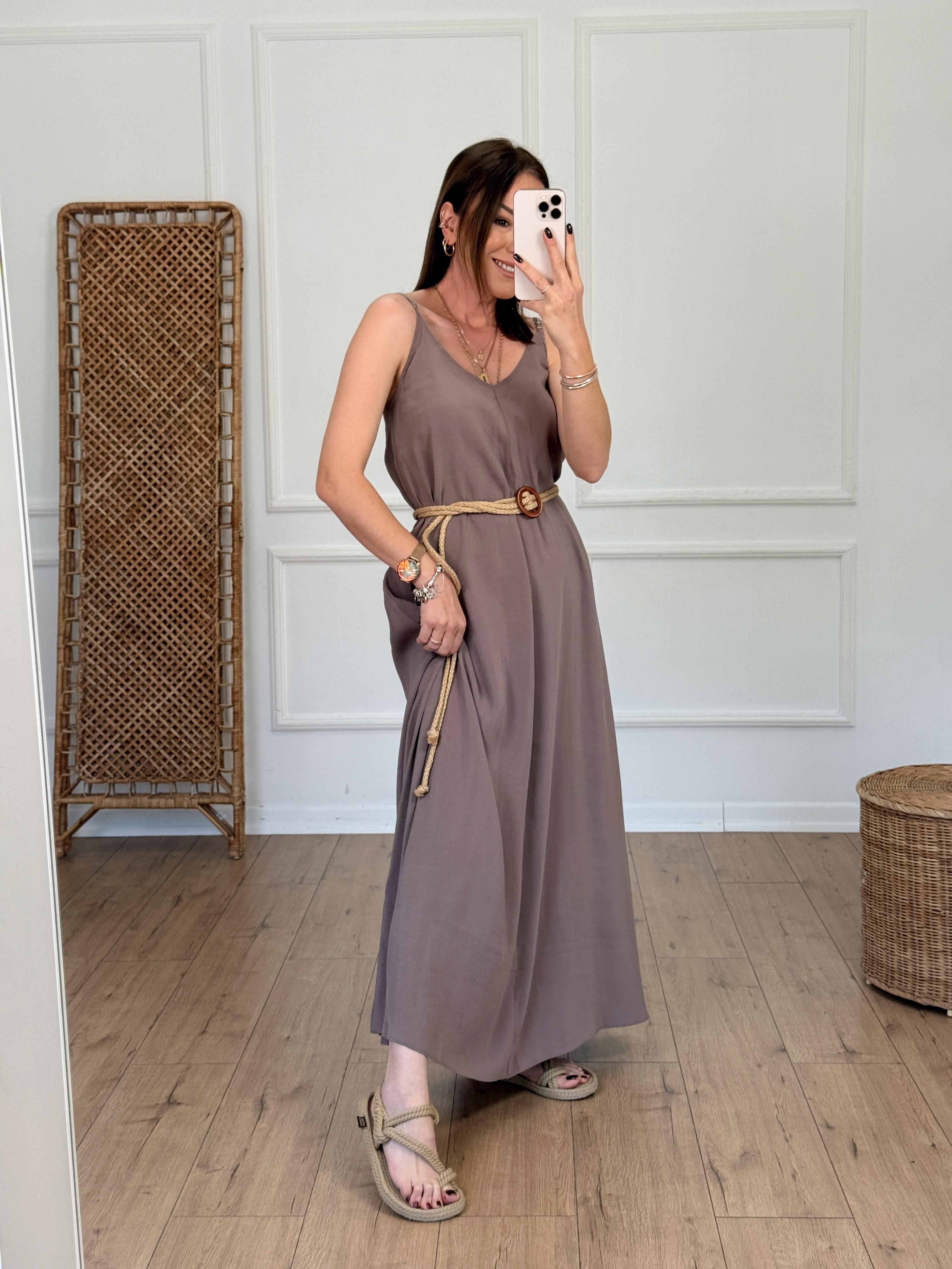 Askılı V Yaka Elbise KAHVE