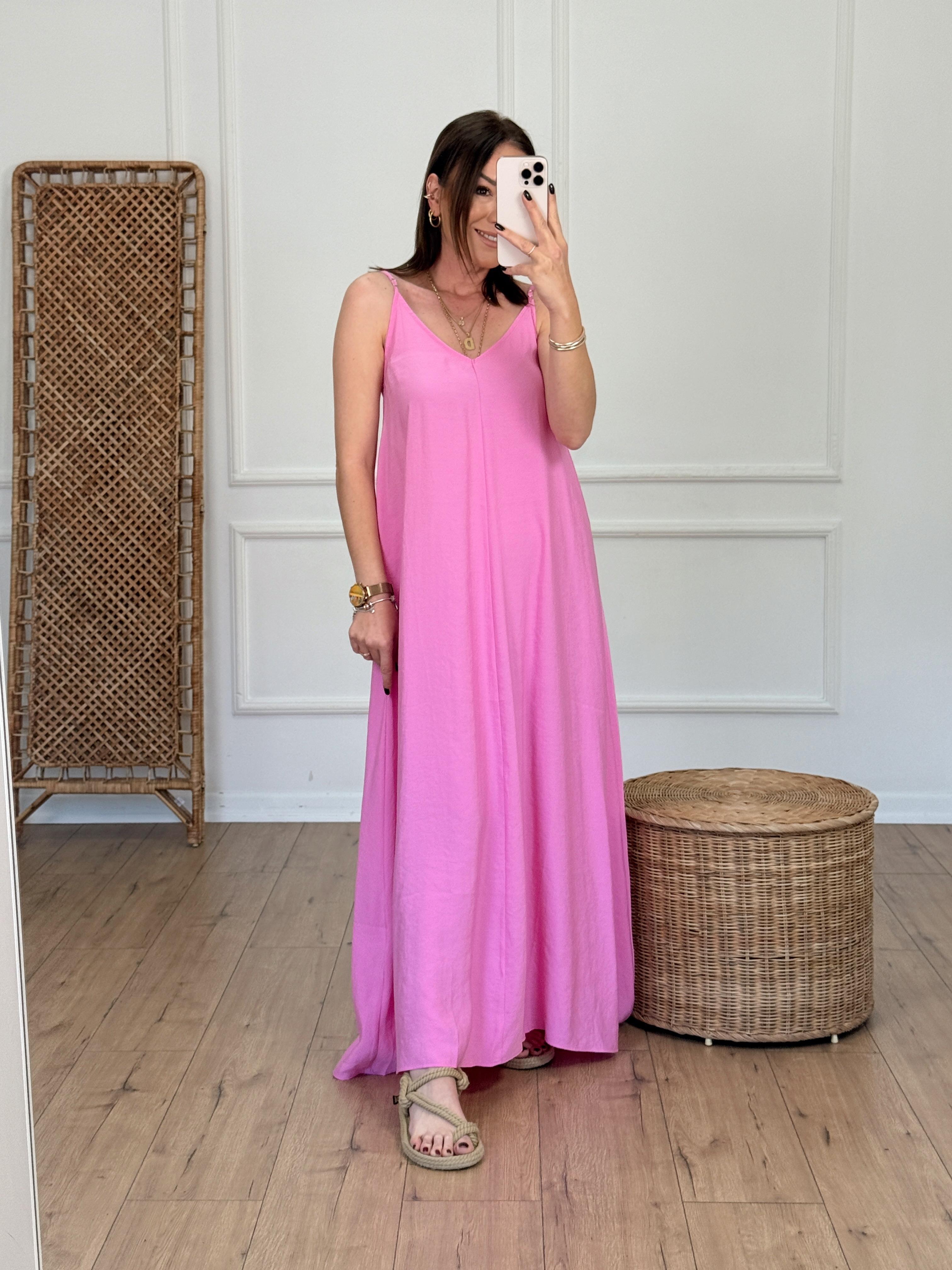 Askılı V Yaka Elbise PEMBE