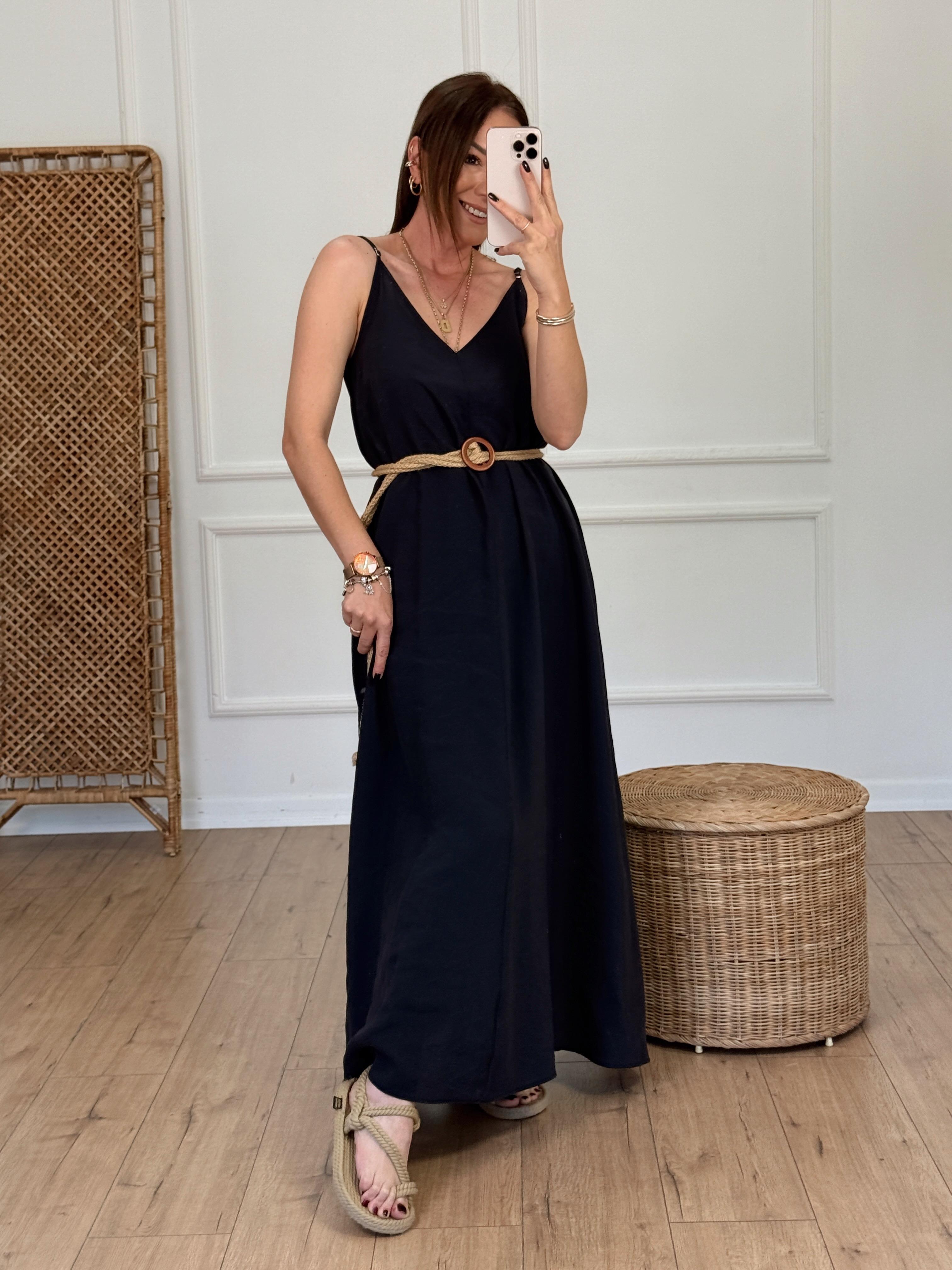 Askılı V Yaka Elbise SİYAH