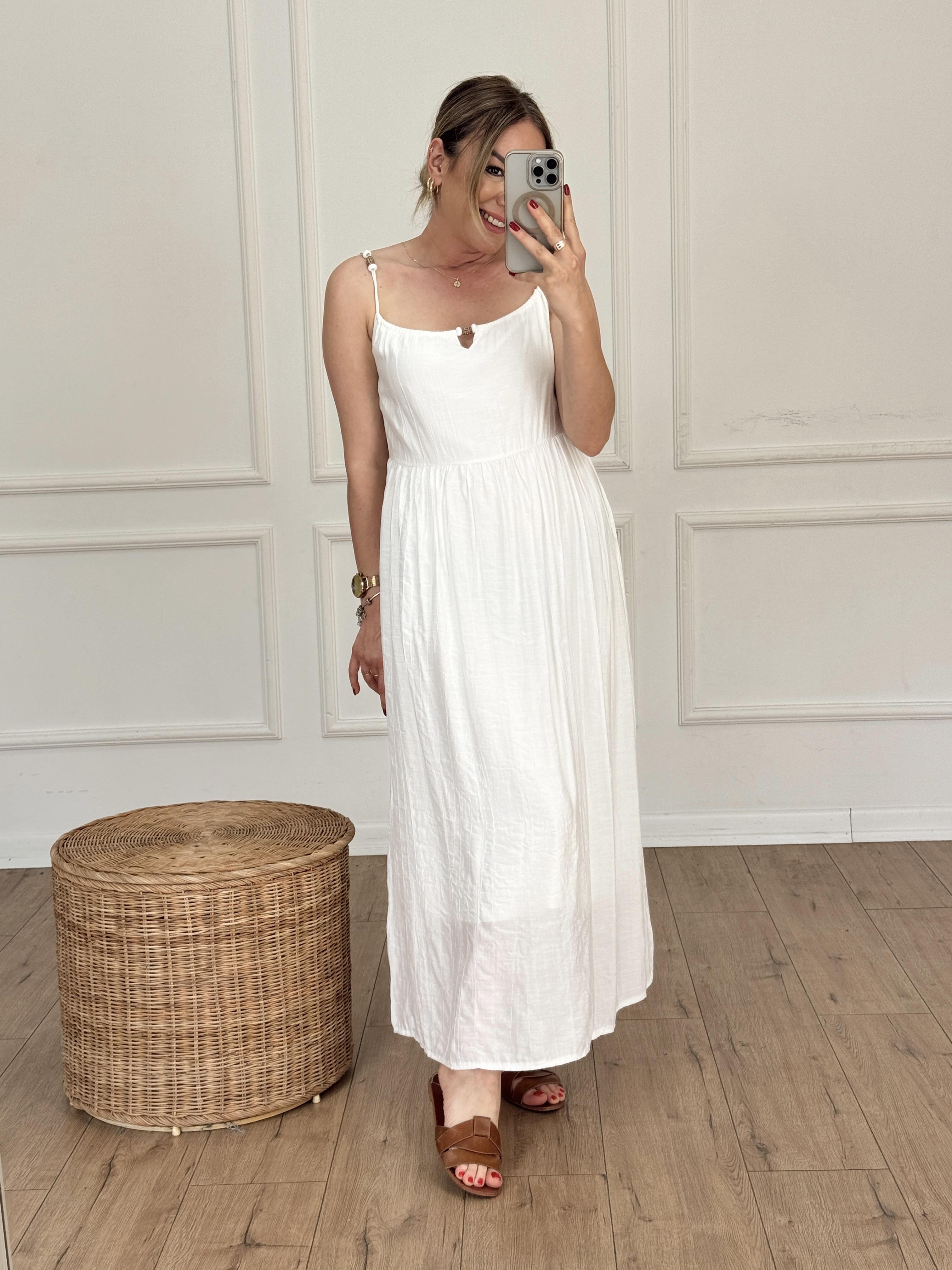 Askısı Boncuklu Elbise EKRU