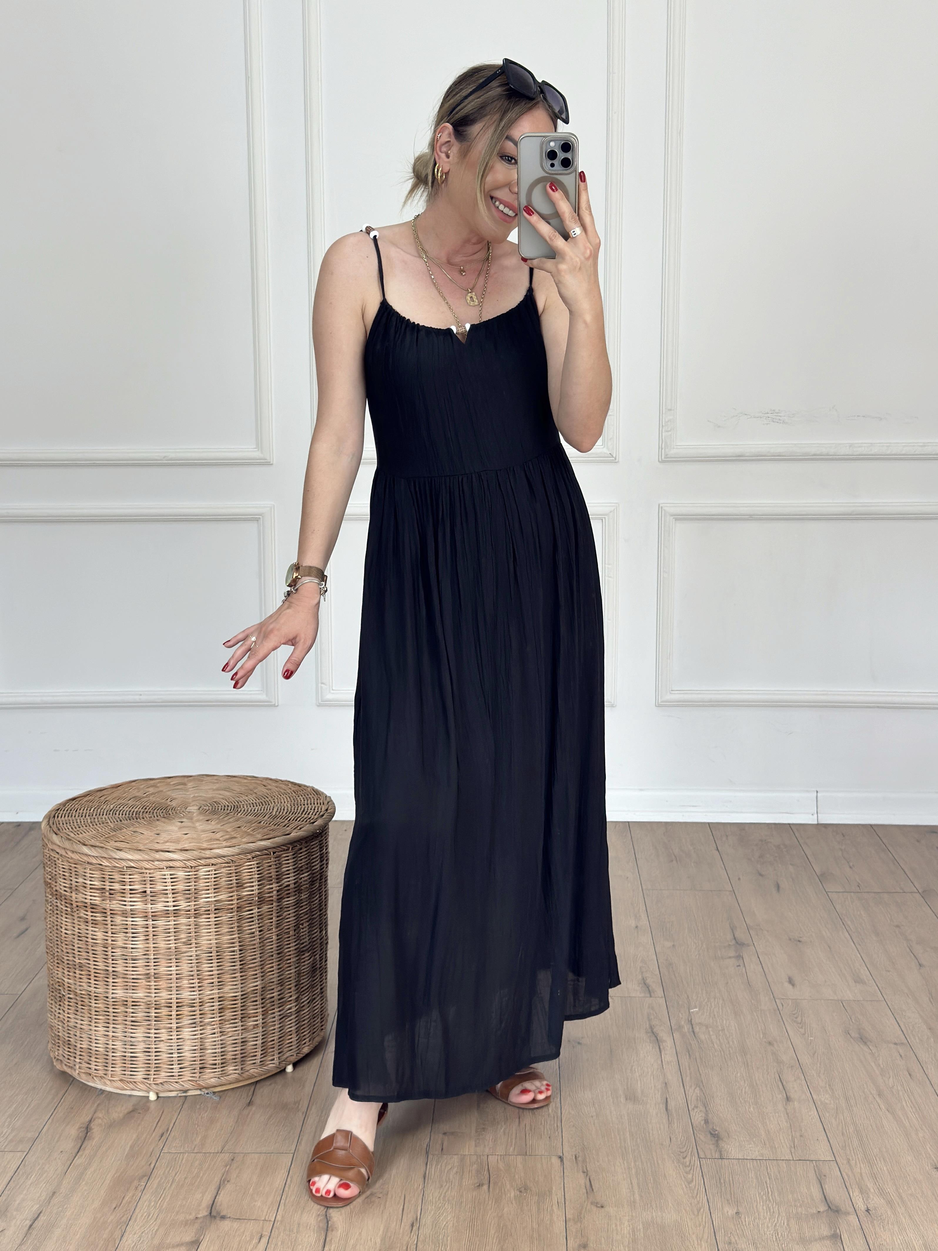 Askısı Boncuklu Elbise SİYAH