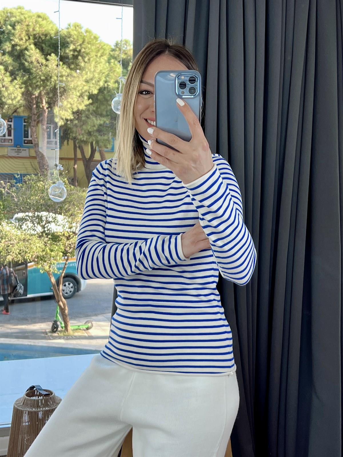 BALIKÇI YAKA ÇİZGİLİ KAZAK SAKS