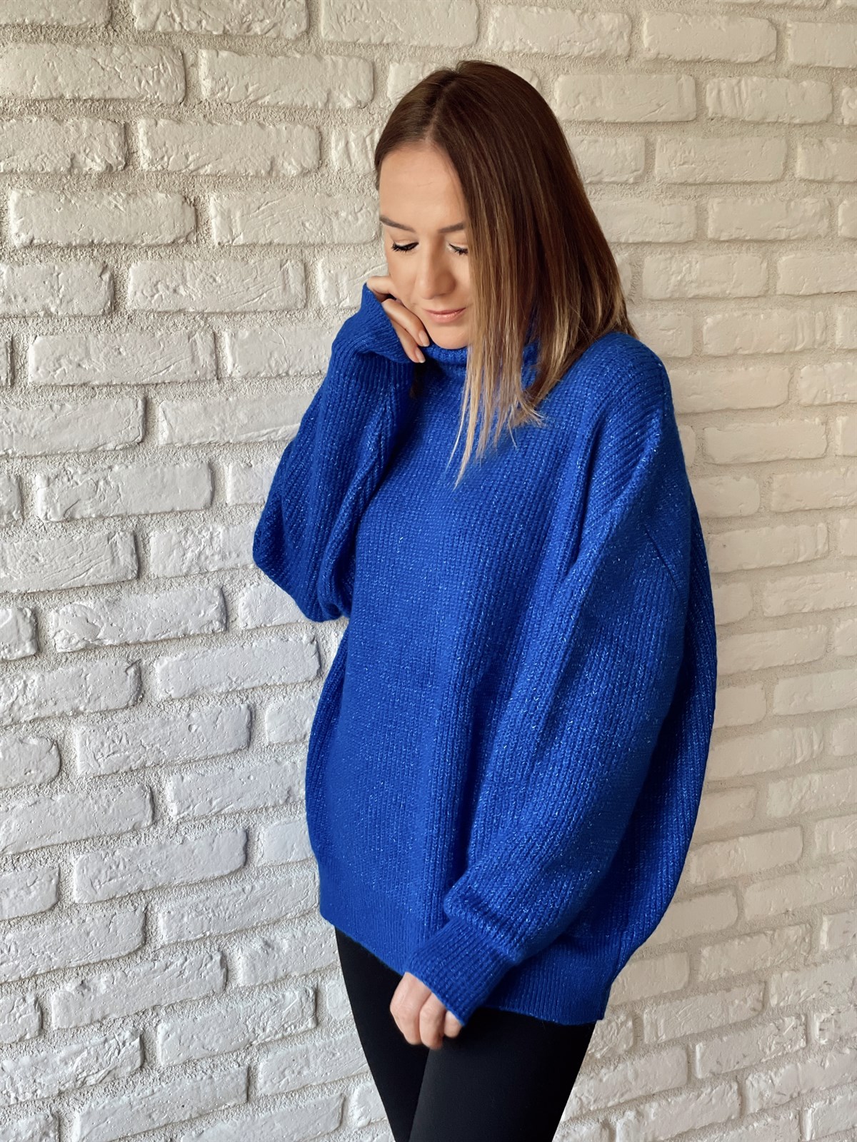 Balıkçı Yaka Salaş Triko Kazak Saks