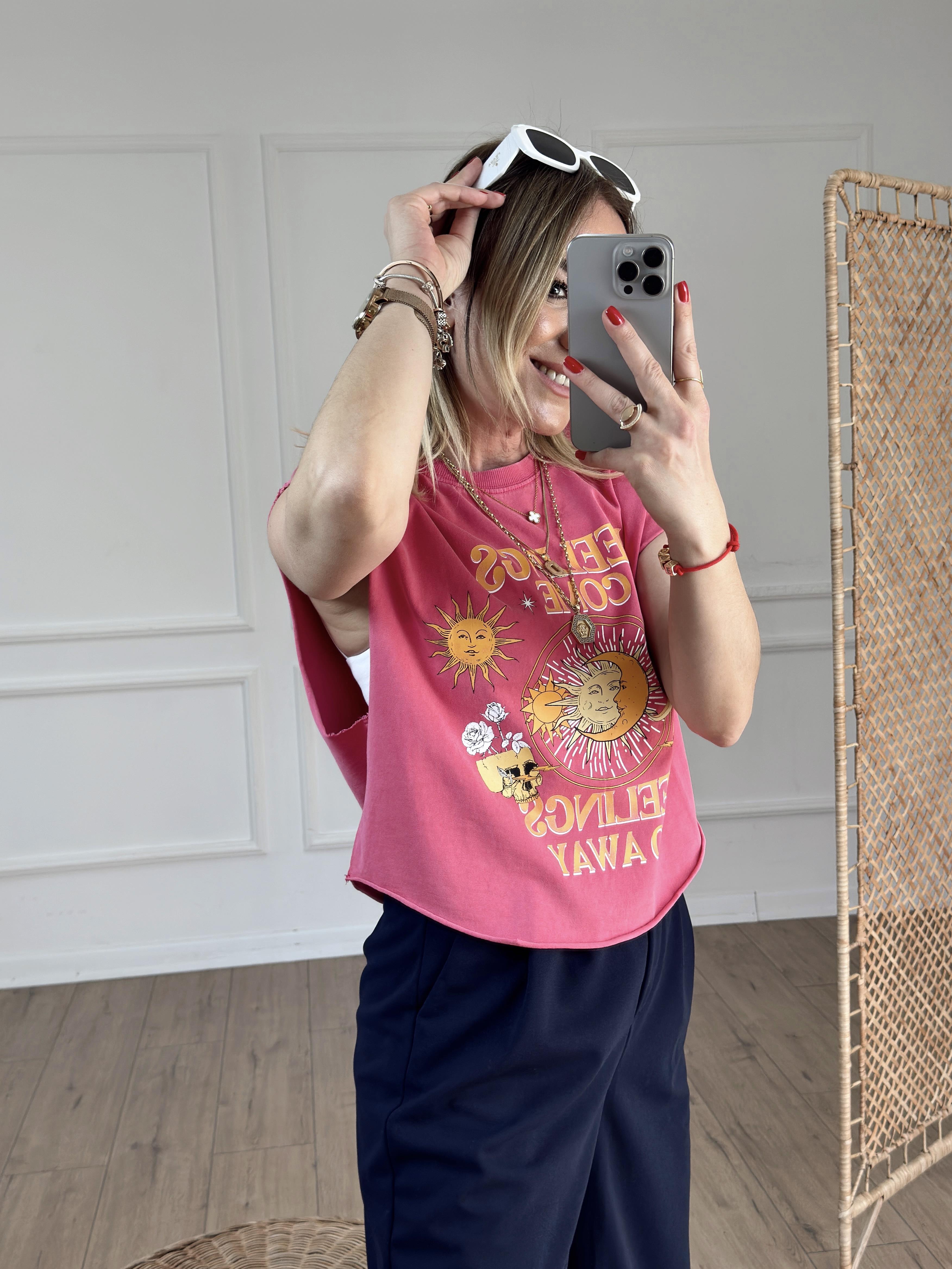 Baskı Detaylı Yıkamalı Tshirt FUSYA