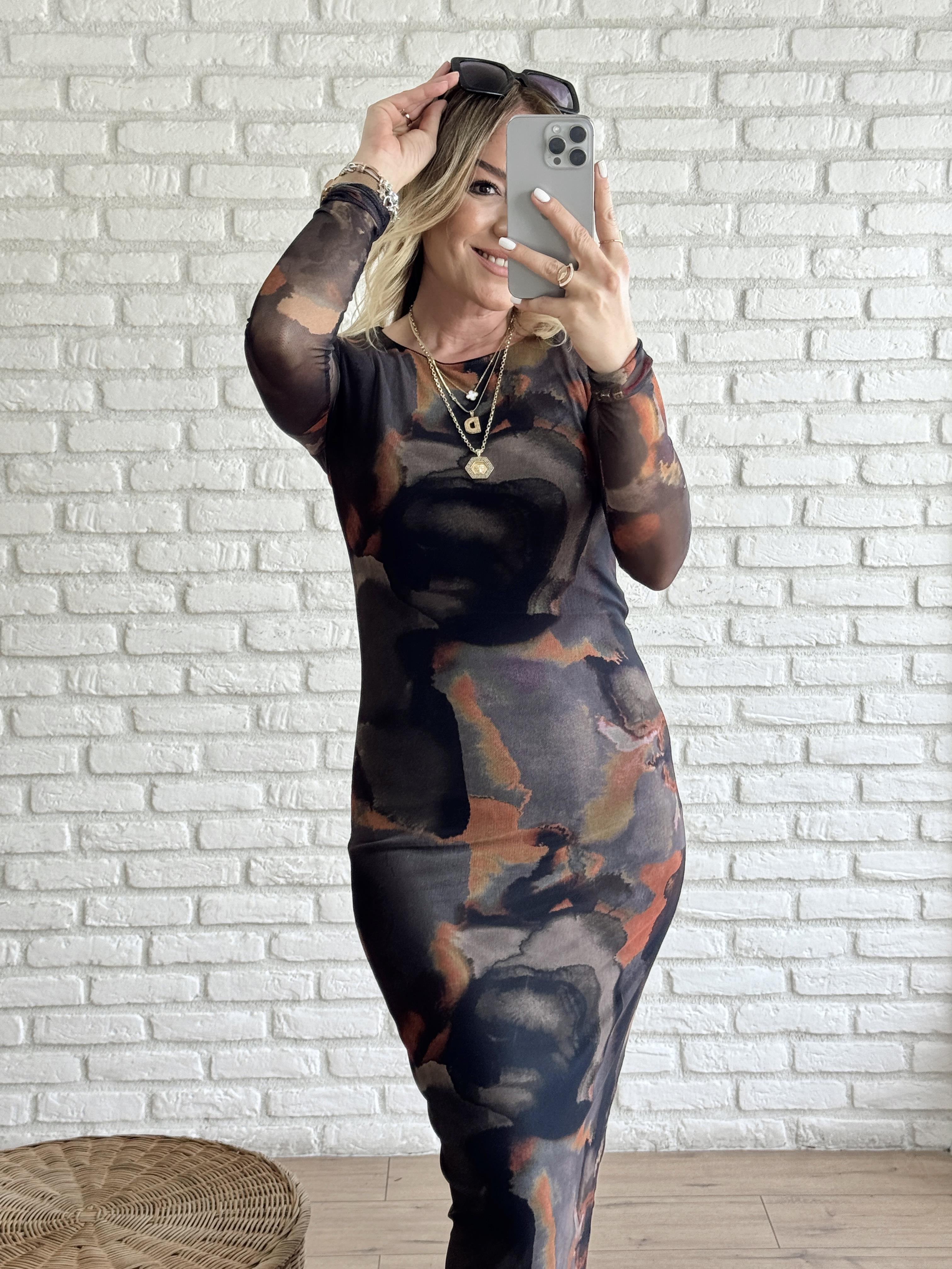 Batik Desenli Astarlı Tül Elbise ORANGE