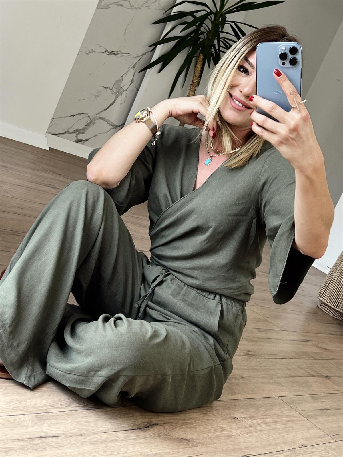 Belden Bağlamalı Keten Bluz HAKİ