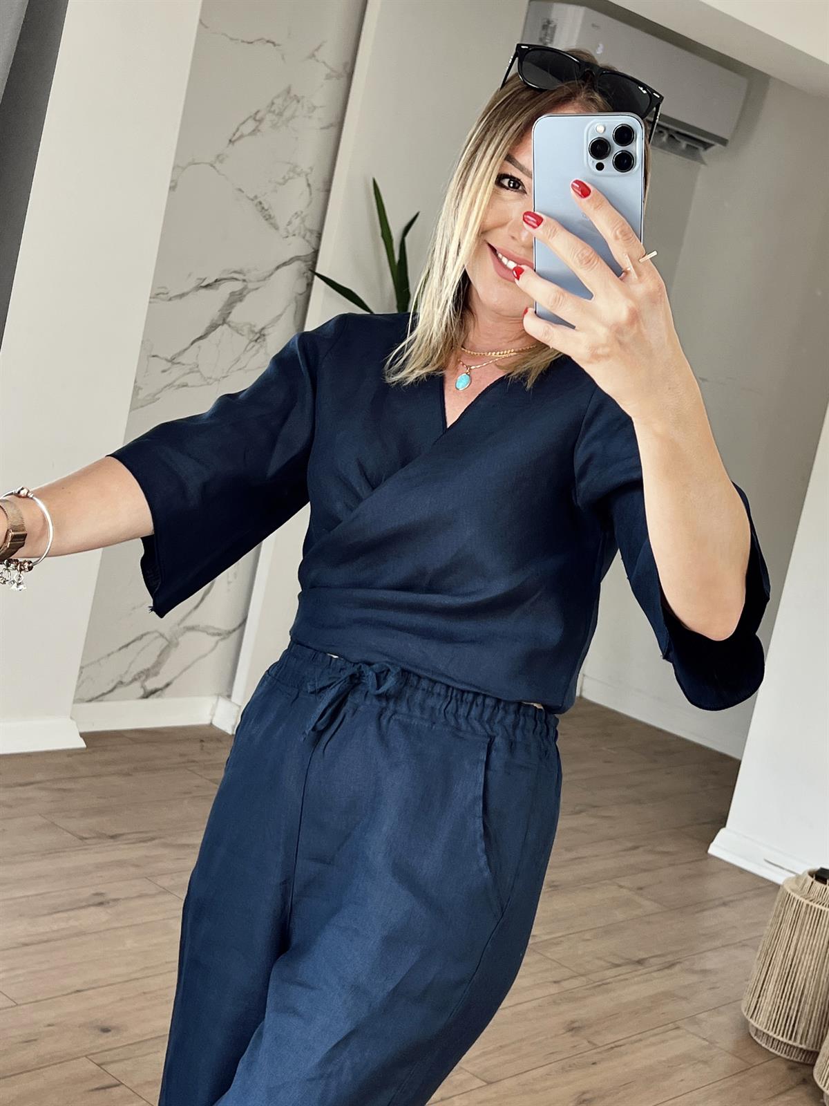 Belden Bağlamalı Keten Bluz LACİVERT