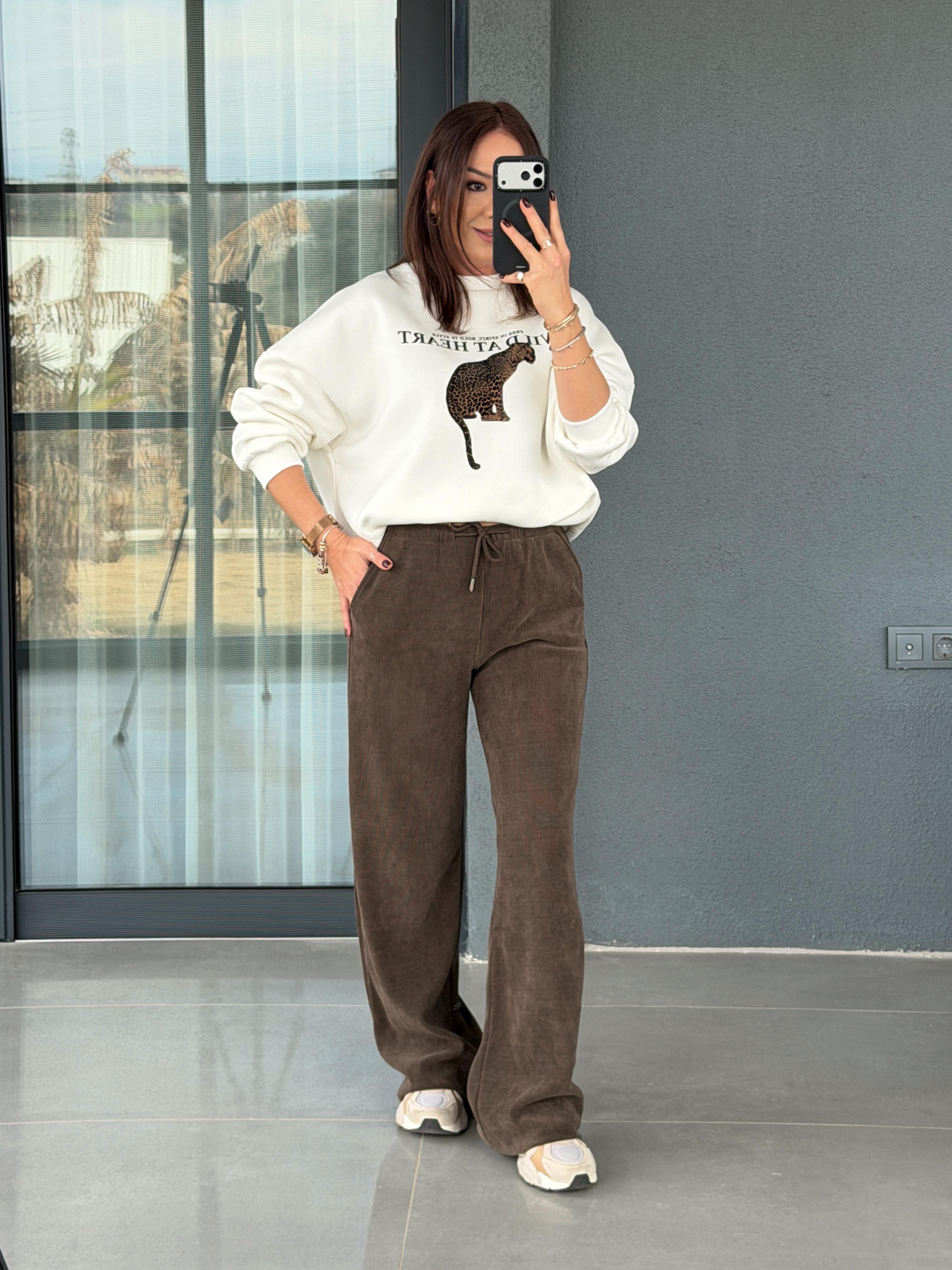 Drawstring Ribbed Velvet Pants Dark Brown