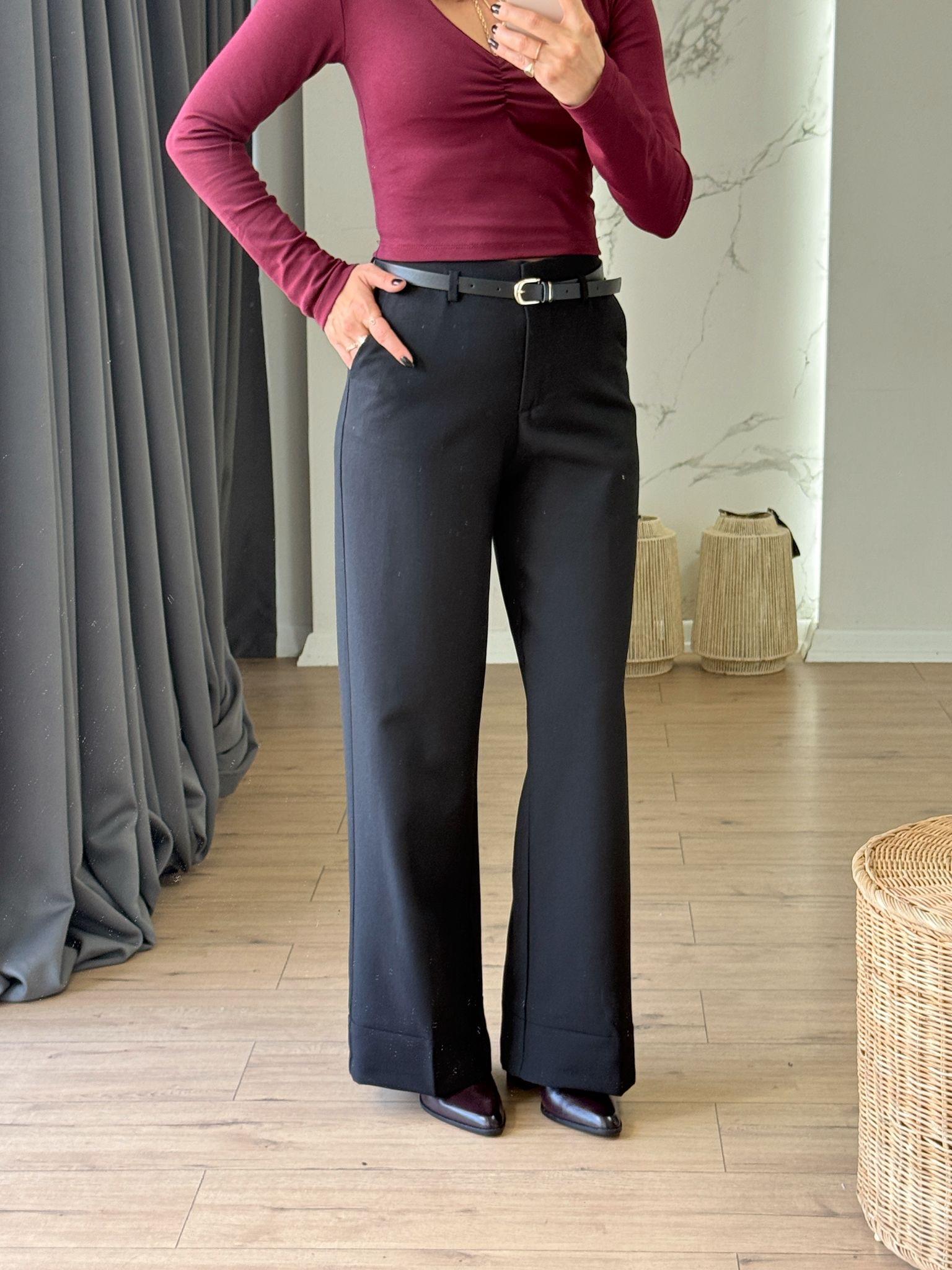 Beli Kemerli Bol Paça Pantolon SİYAH