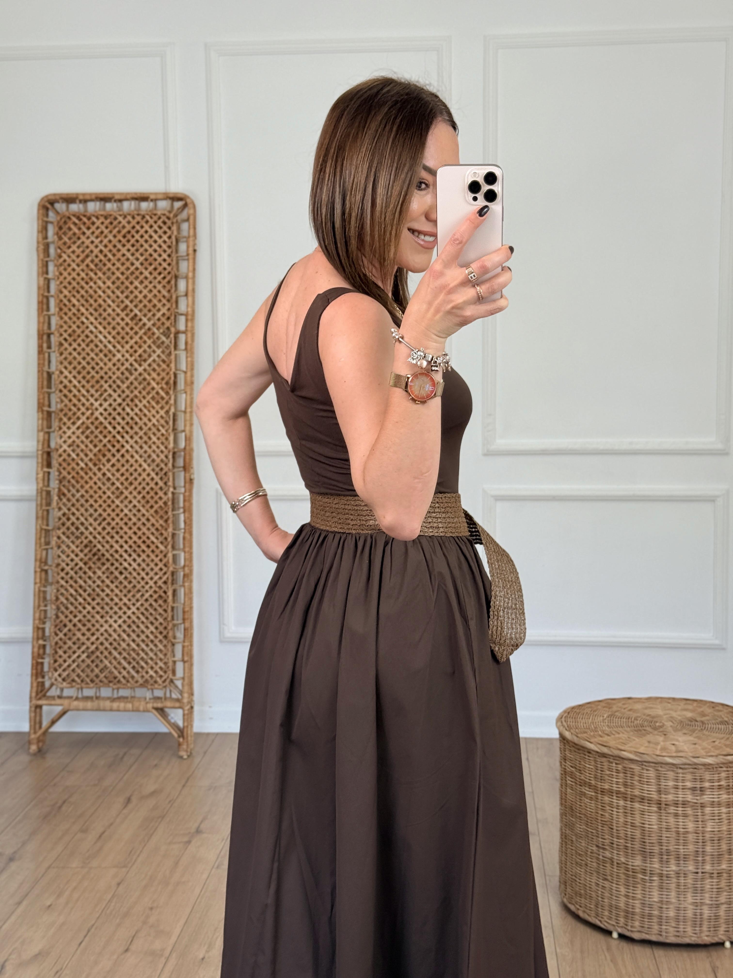 Beli Lastikli Askılı Elbise KAHVE