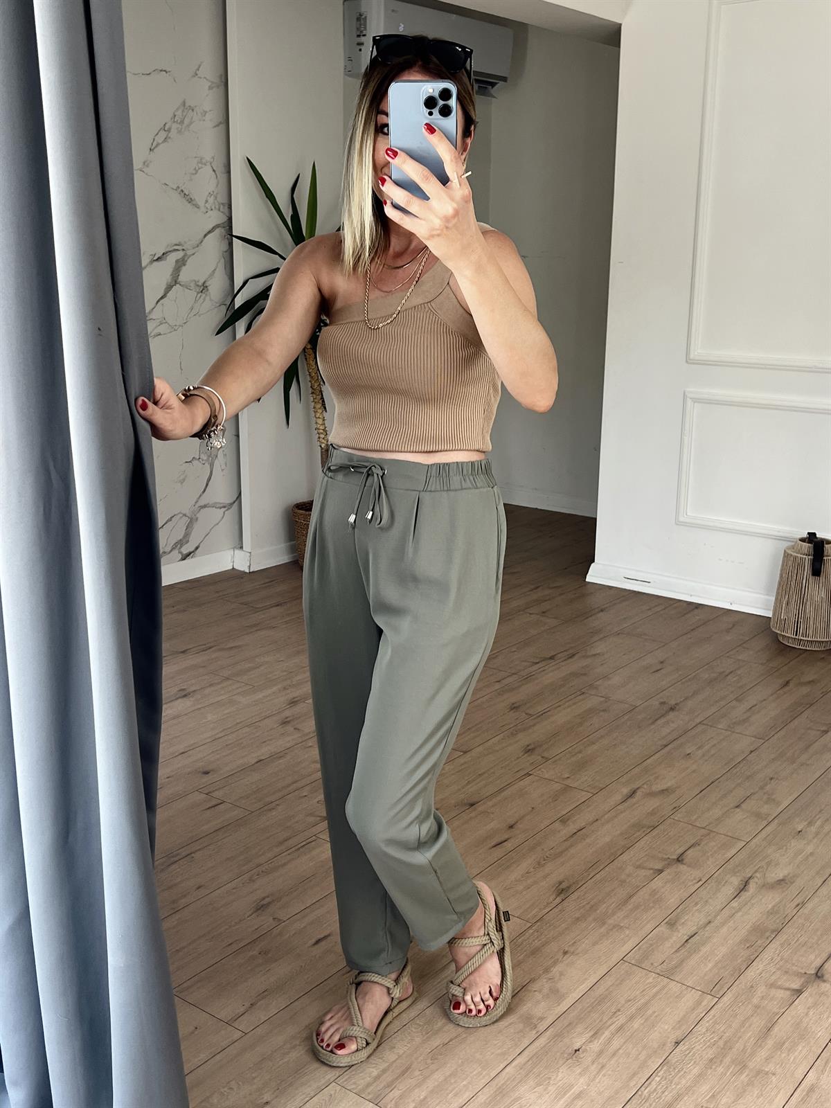 Beli Lastikli Bağlamalı Pantolon HAKİ