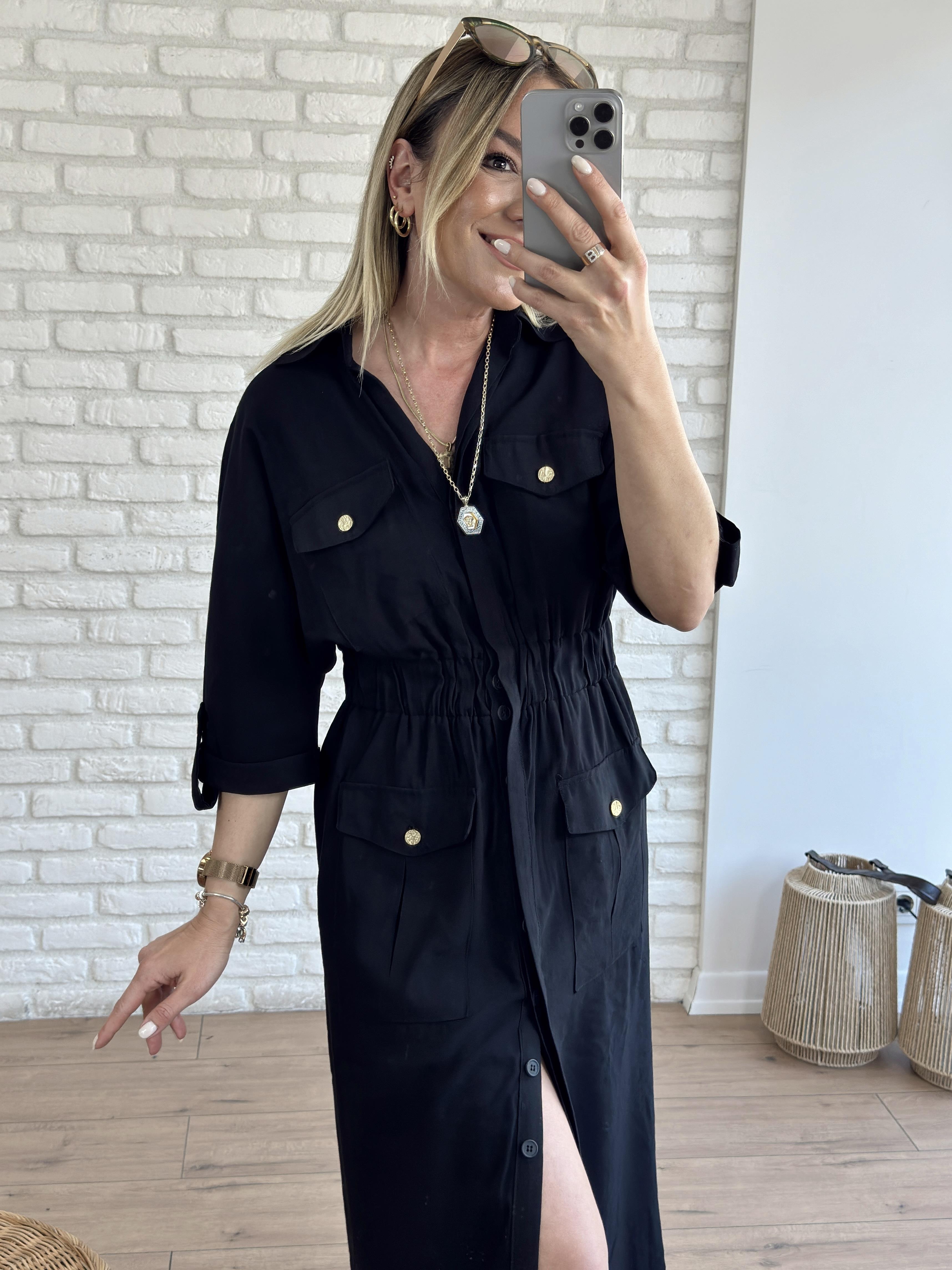 Beli Lastikli Cep Detaylı Elbise SİYAH