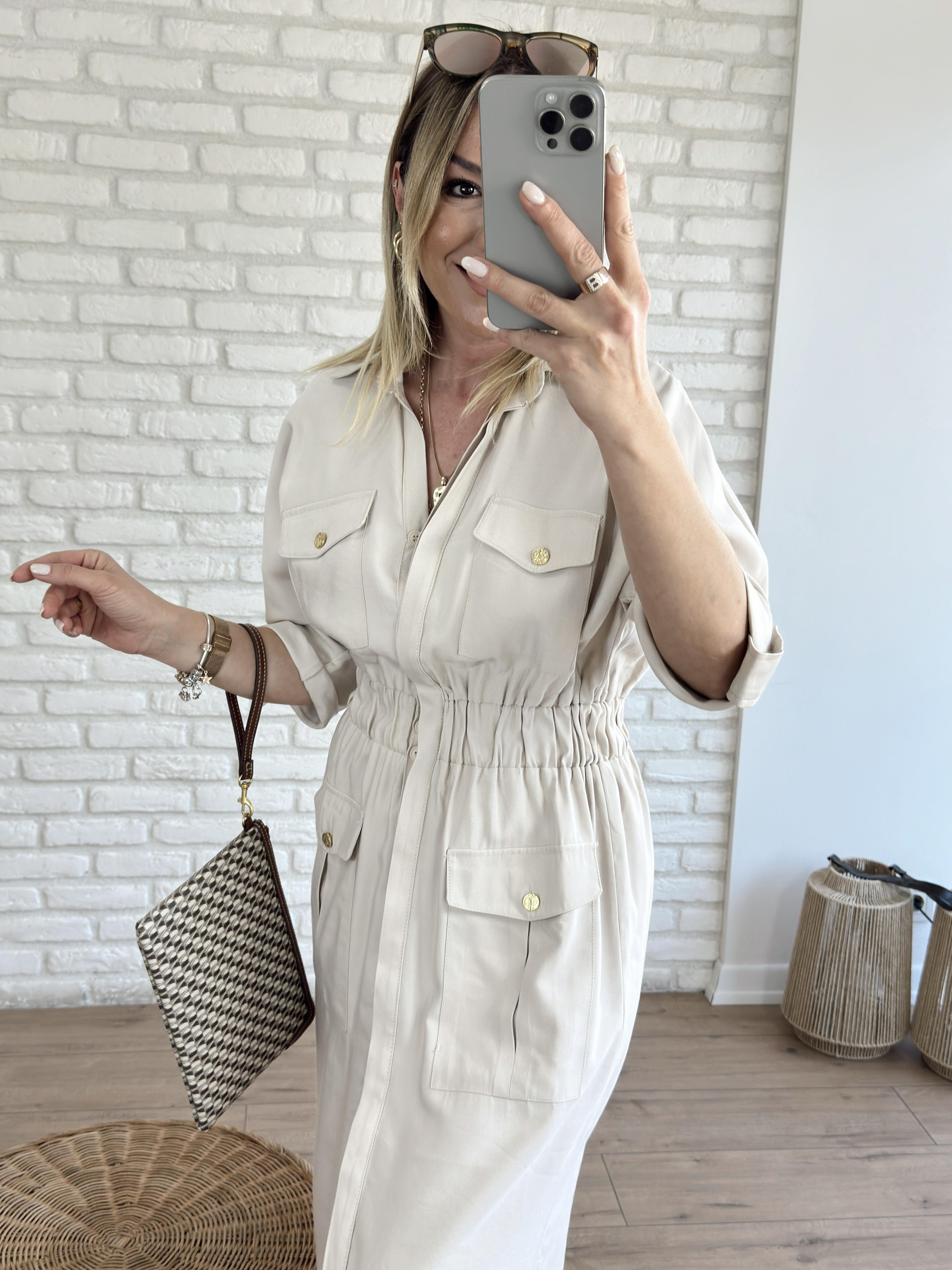 Beli Lastikli Cep Detaylı Elbise TAŞ