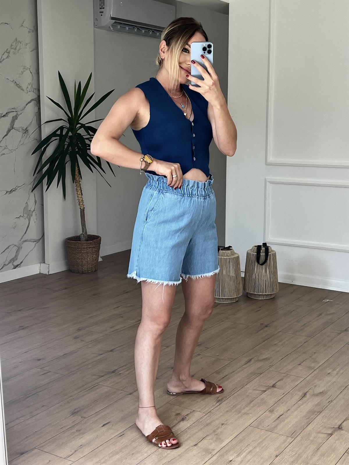 Beli Lastikli Denim Şort MAVİ