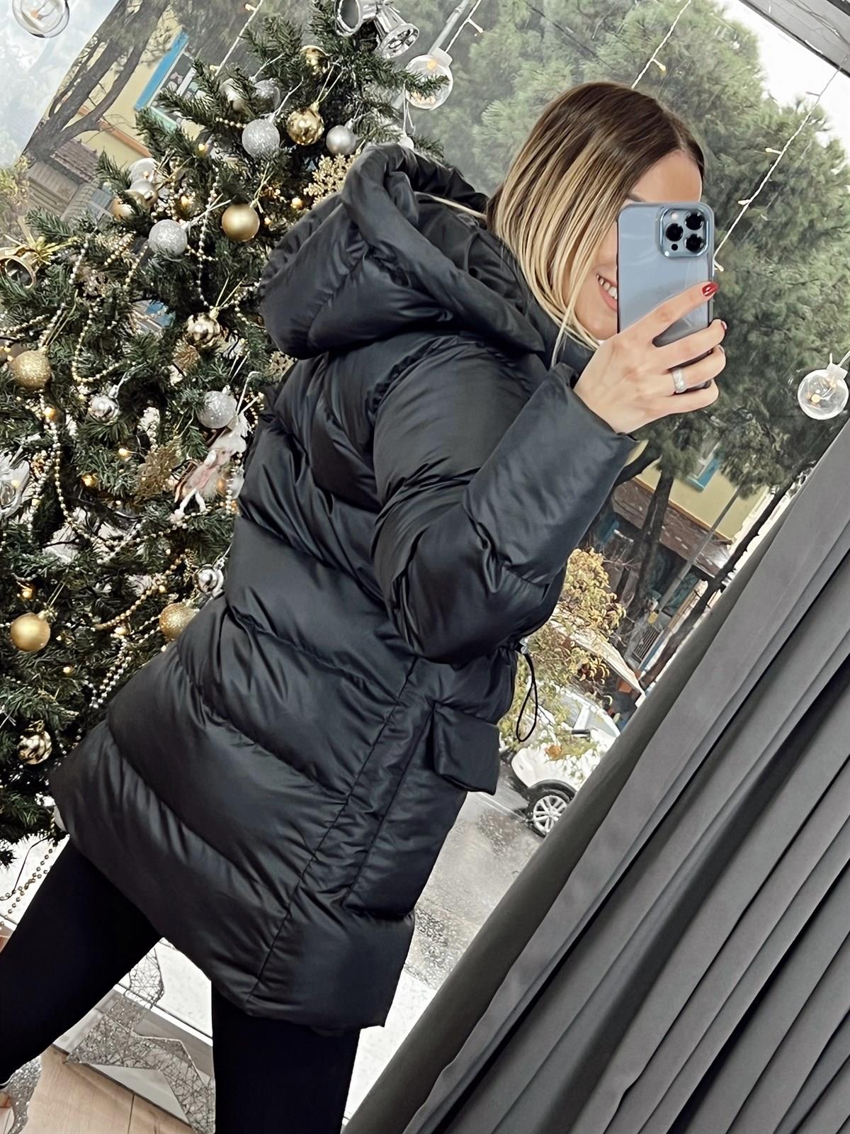 BELİ LASTİKLİ KAPÜŞONLU MONT SİYAH