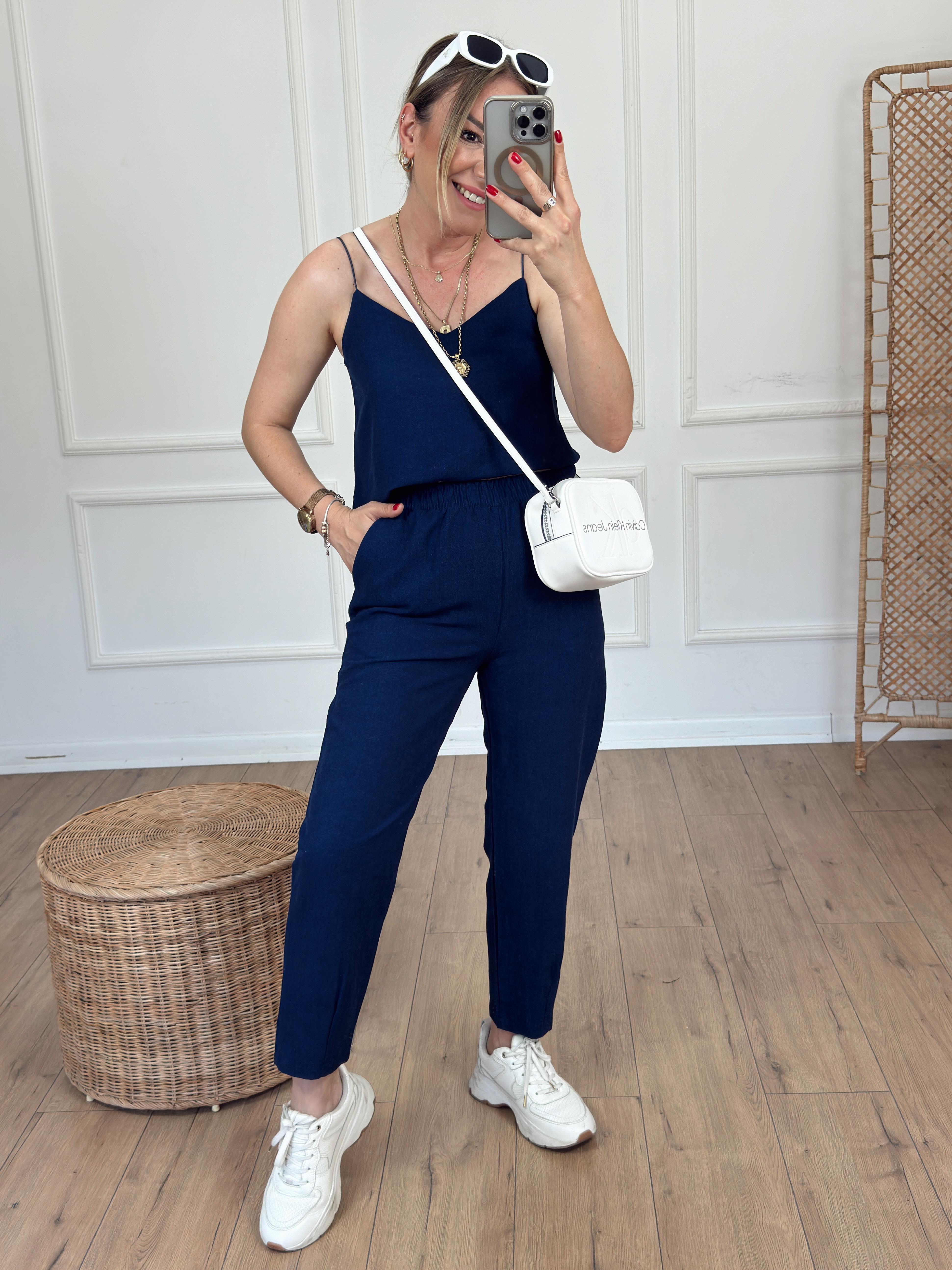 Beli Lastikli Keten Pantolon LACİVERT