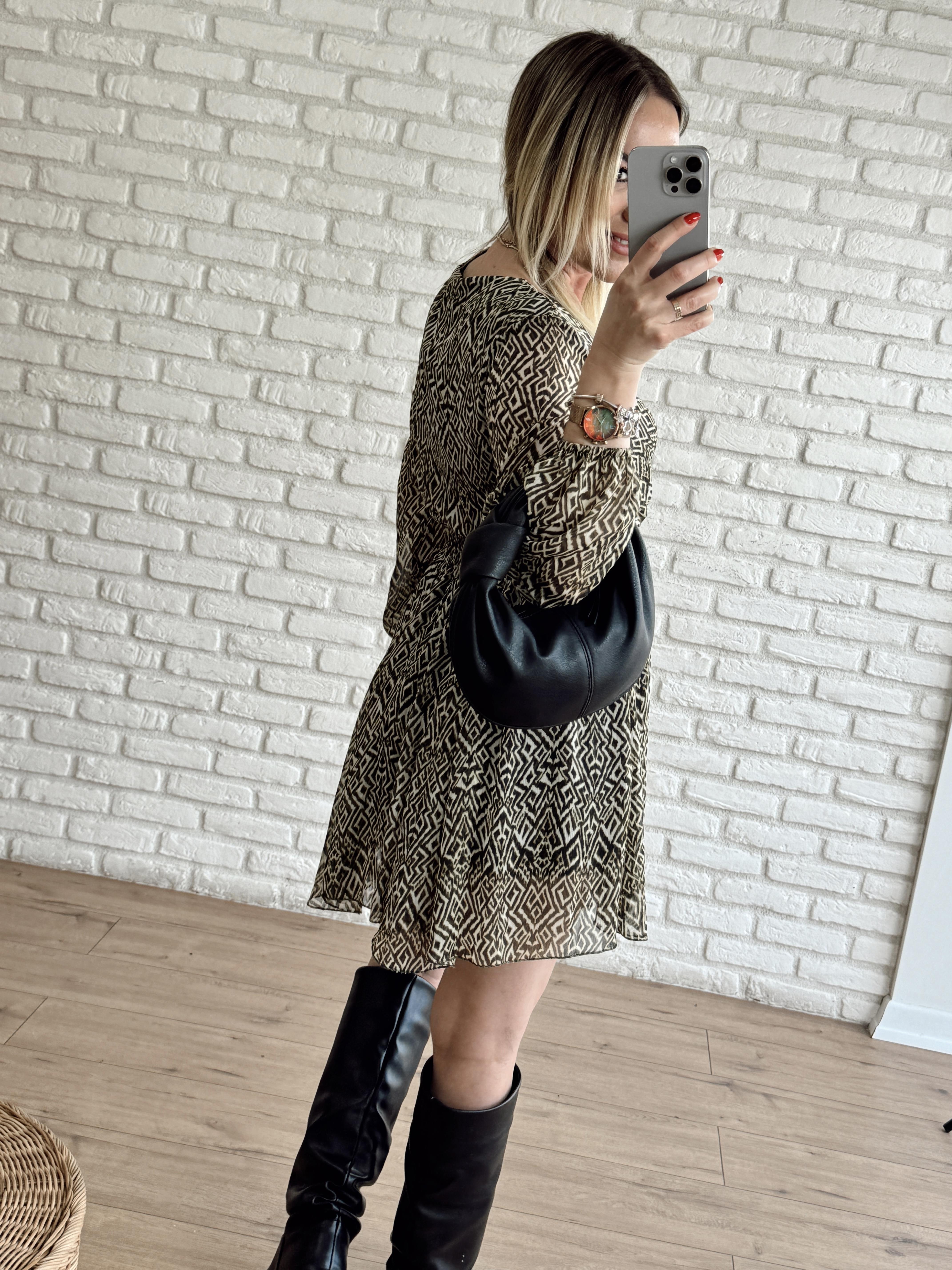 Beli Lastikli Kruvaze Yaka Şifon Elbise HAKİ