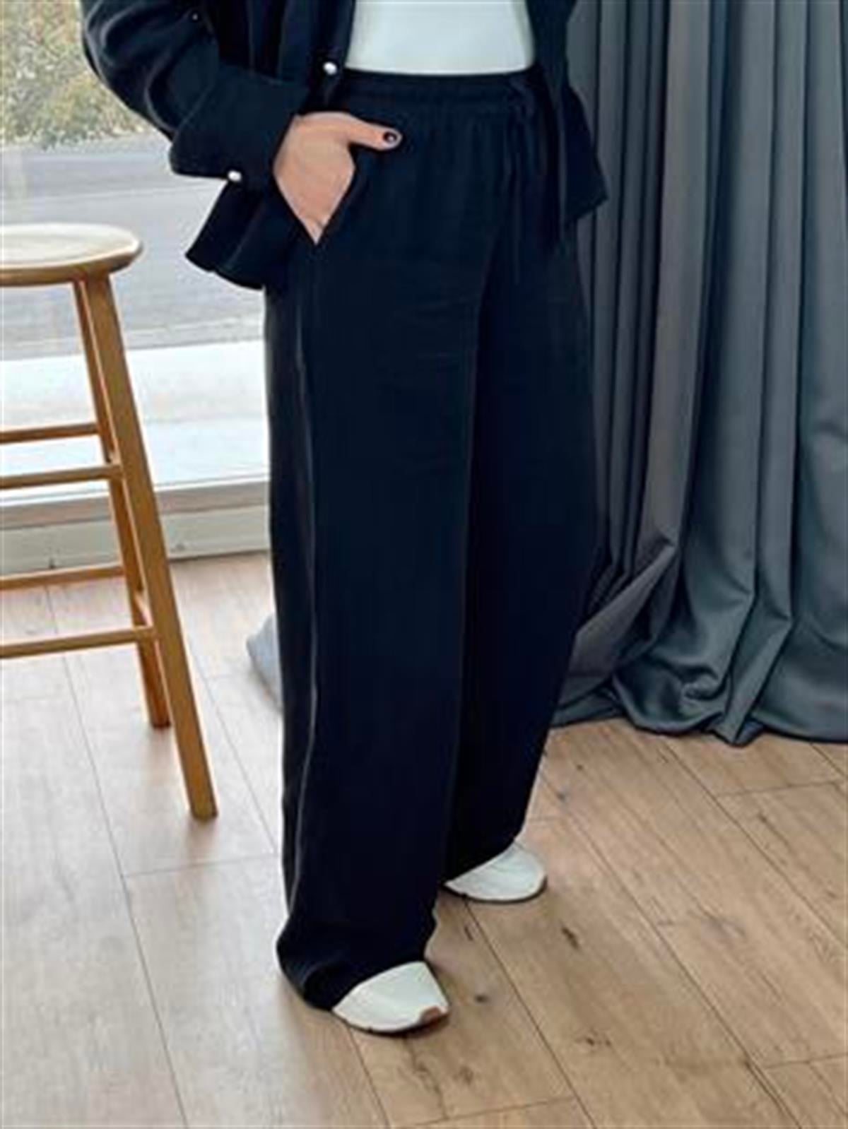 BELİ LASTİKLİ TENSEL PANTOLON SİYAH