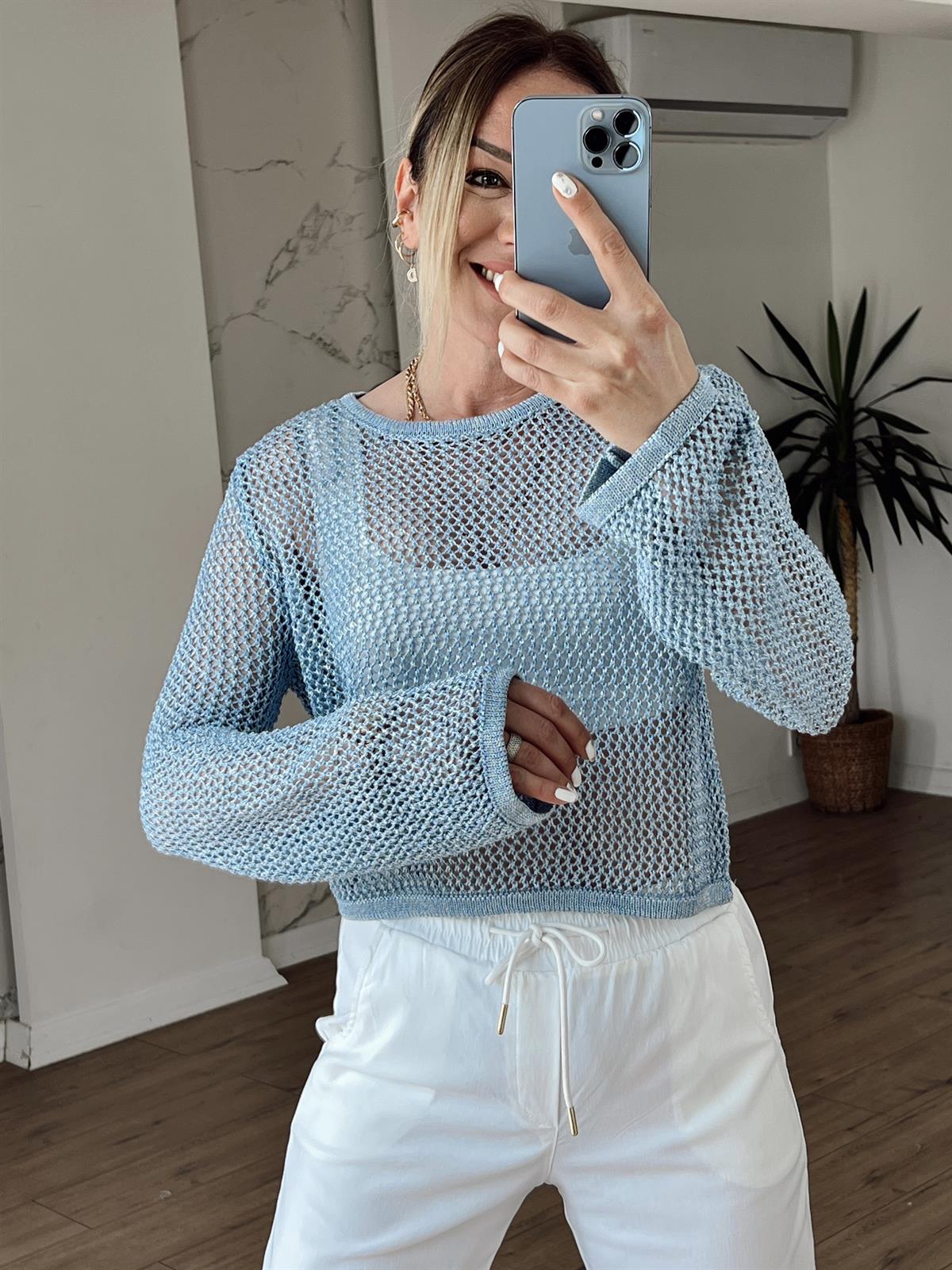 Bisiklet Yaka Ajur Desen Crop MAVİ