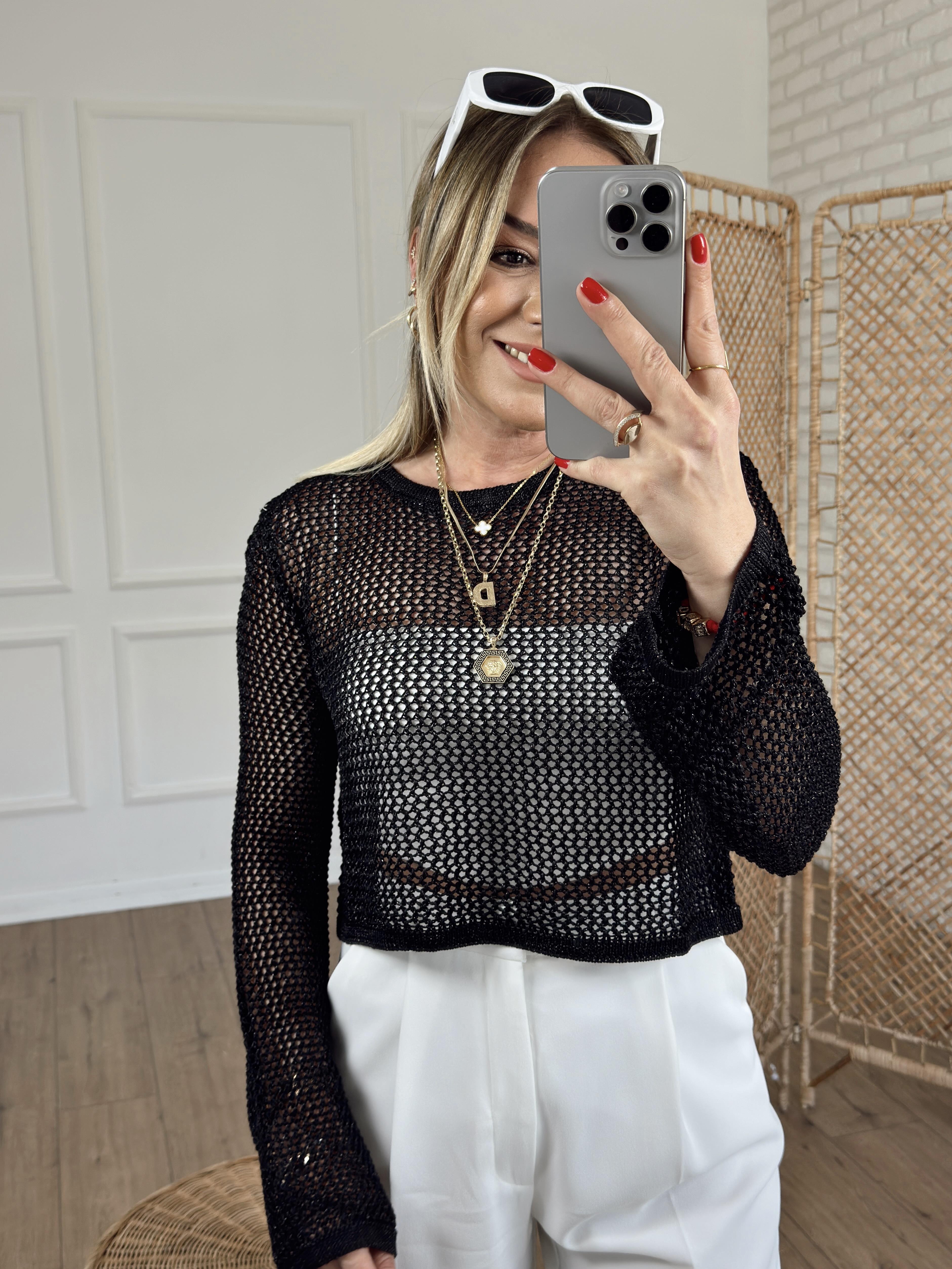 Bisiklet Yaka Ajur Desen Crop SİYAH