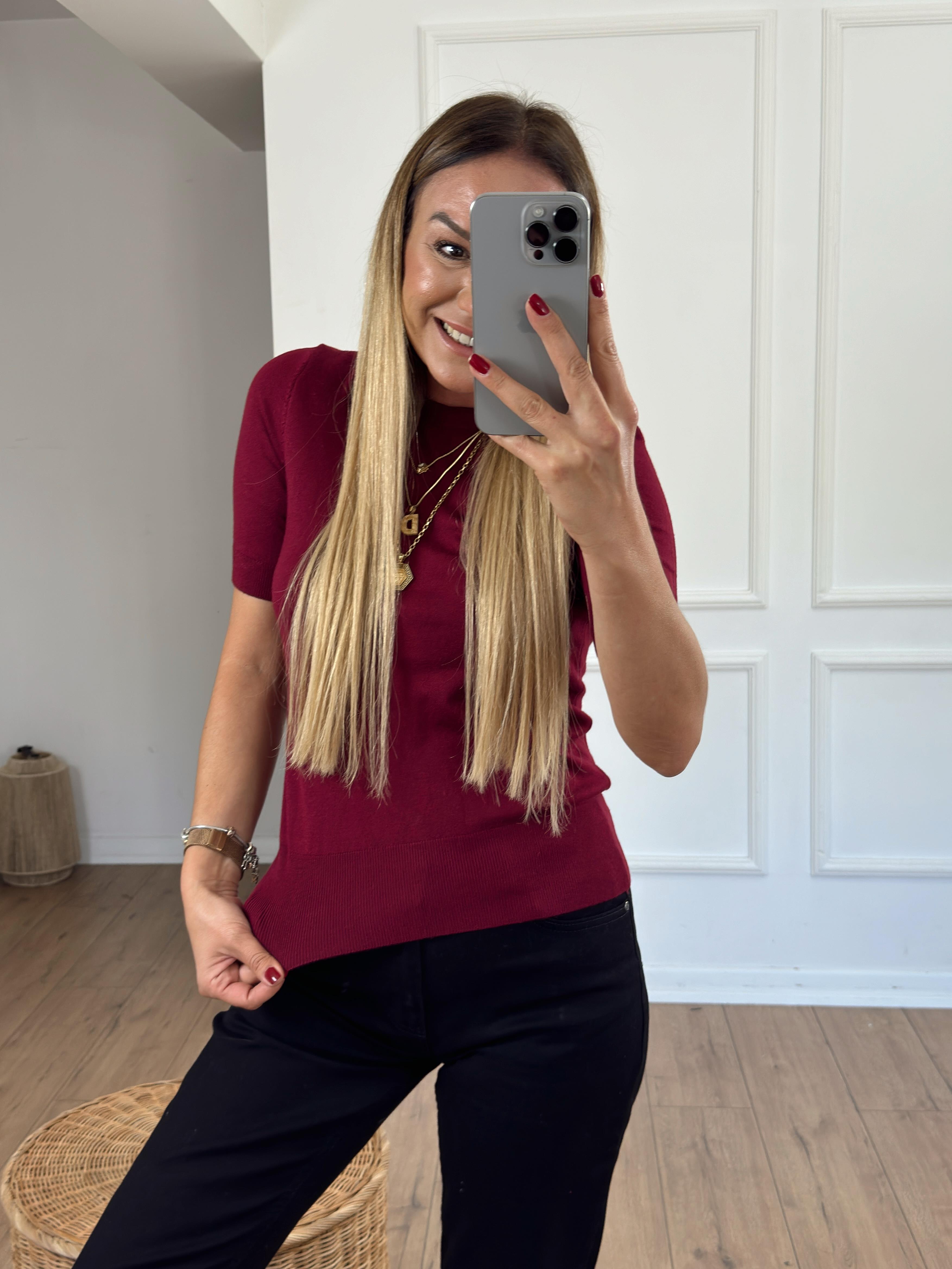 Bisiklet Yaka Arkası Düğmeli Kısa Kol Triko BORDO
